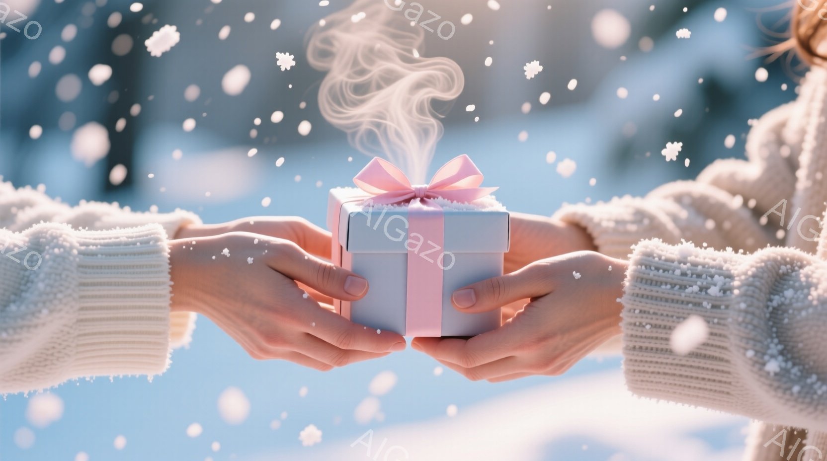 白いセーターを着た人物が、ピンク色のギフトボックスを両手で抱えています。ギフトボックスからは湯気が立ち上り、温かさとプレゼントの喜びを表現しています。背景は雪が降り積もり、冬の穏やかな雰囲気が漂っています。