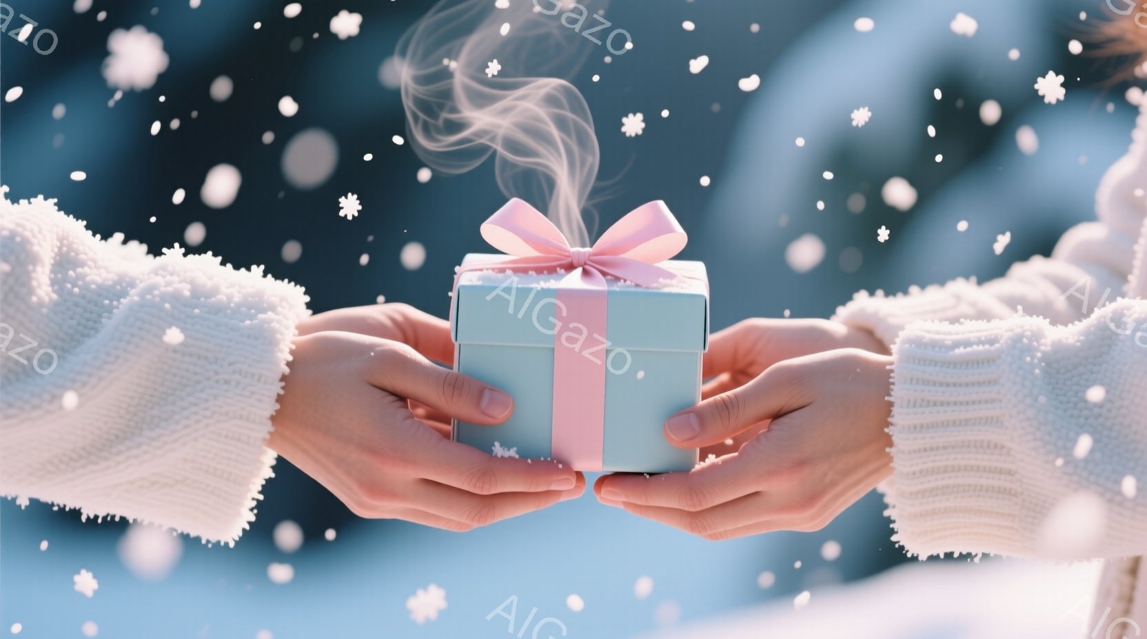 白いニットの袖が、空色の小さなギフトボックスを両手で包み込んでいる。ボックスには薄いピンクのリボンが結ばれており、温かい湯気が立ち上っている様子が、冬の暖かく優しい雰囲気を醸し出している。背景は雪が舞 - AI生成フリー素材
