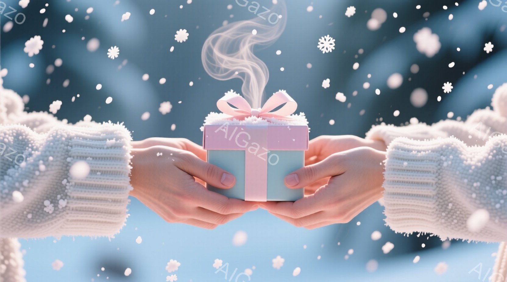 白いニットの手袋をはめた手が、ターコイズブルーの箱を両手でそっと抱えています。箱はピンクのリボンで飾られ、温かい湯気が立ち上っており、贈り物を受け取った直後の様子を表しているようです。背景は雪が舞う青 - AI生成フリー素材