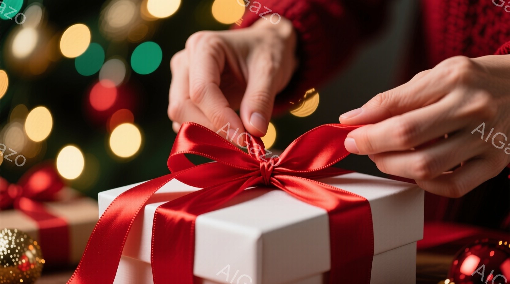 白いギフトボックスに赤いリボンを結ぶ手が写っている。背景はぼやけたクリスマスツリーのライトで、暖かくお祝いの雰囲気を醸し出している。赤いセーターのような衣服の一部もわずかに見え、クリスマスシーズンの心 - AI生成フリー素材