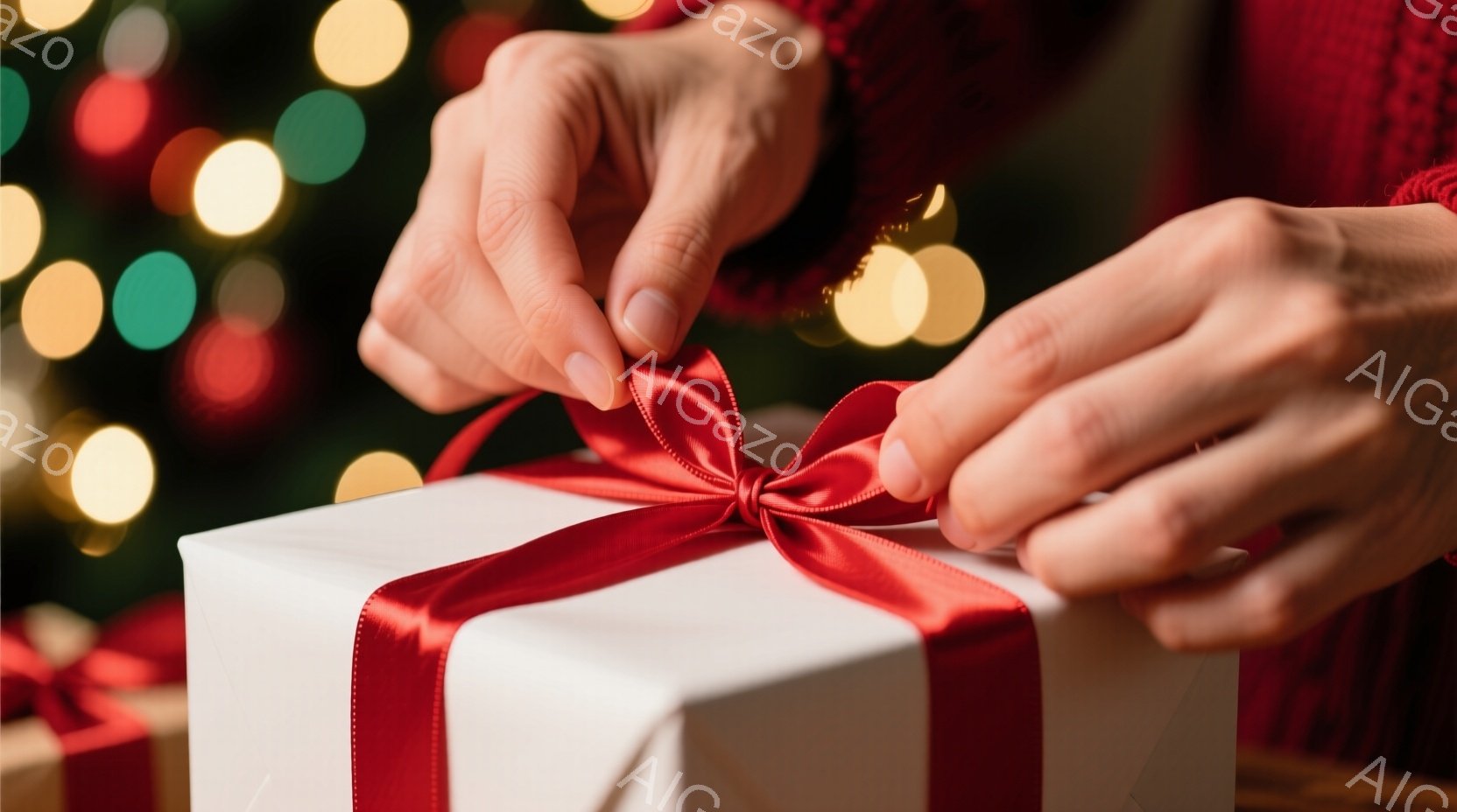 赤いセーターを着た人物が、白いギフトボックスに赤いリボンを結んでいます。背景にはぼやけたクリスマスツリーのライトが輝き、温かくお祝いの雰囲気を醸し出しています。ギフトボックスは丁寧にラッピングされてお - AI生成フリー素材