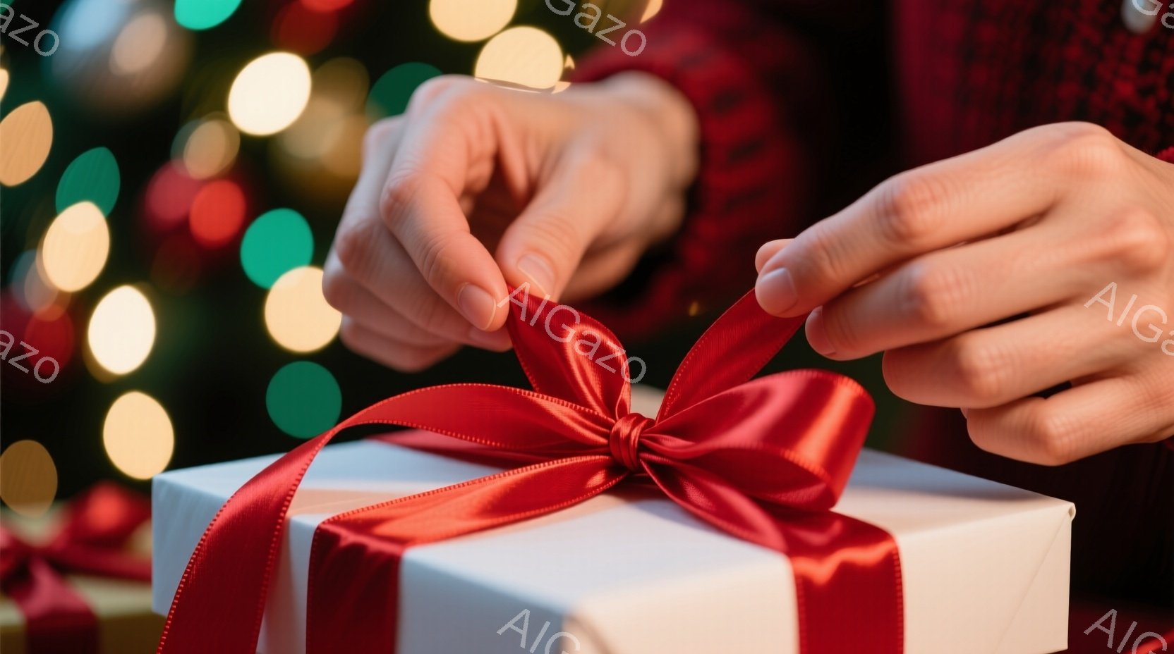 赤いリボンをほどこうとしている手が写っています。白いギフトボックスは丁寧にラッピングされており、背景にはぼやけたカラフルな光がクリスマスの雰囲気を醸し出しています。全体的に温かく、心温まる贈り物を受け - AI生成フリー素材