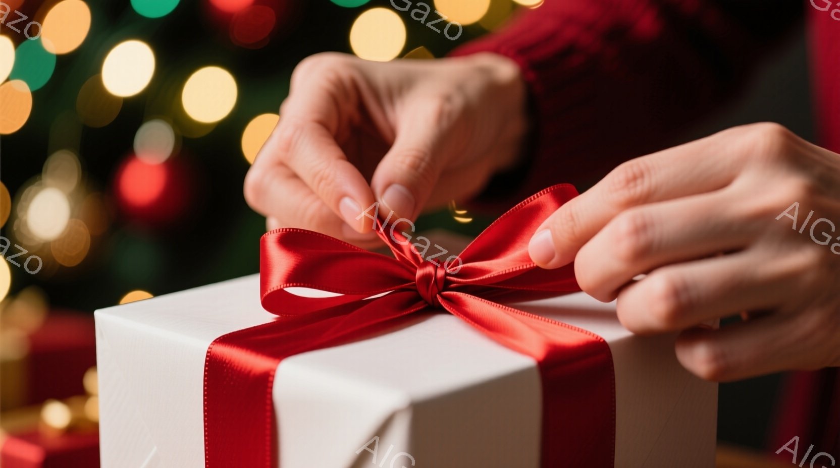 白いギフトボックスに赤いリボンを結ぶ手が写っている。背景はぼやけたクリスマスツリーのライトで、暖かくお祝いの雰囲気を醸し出している。赤いセーターを着ている人物の一部が写っており、冬のホリデーシーズンを - AI生成フリー素材
