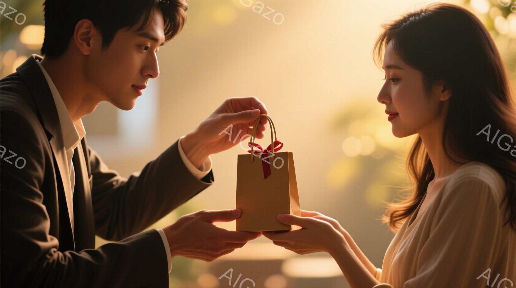 スーツを着た男性が、ベージュ色の小さなギフトボックスを女性に手渡そうとしています。女性はクリーム色のブラウスを着ており、少し微笑んでいます。背景はぼやけており、夕焼けのような暖かい光が差し込み、ロマンチックで穏やかな雰囲気を醸し出しています。