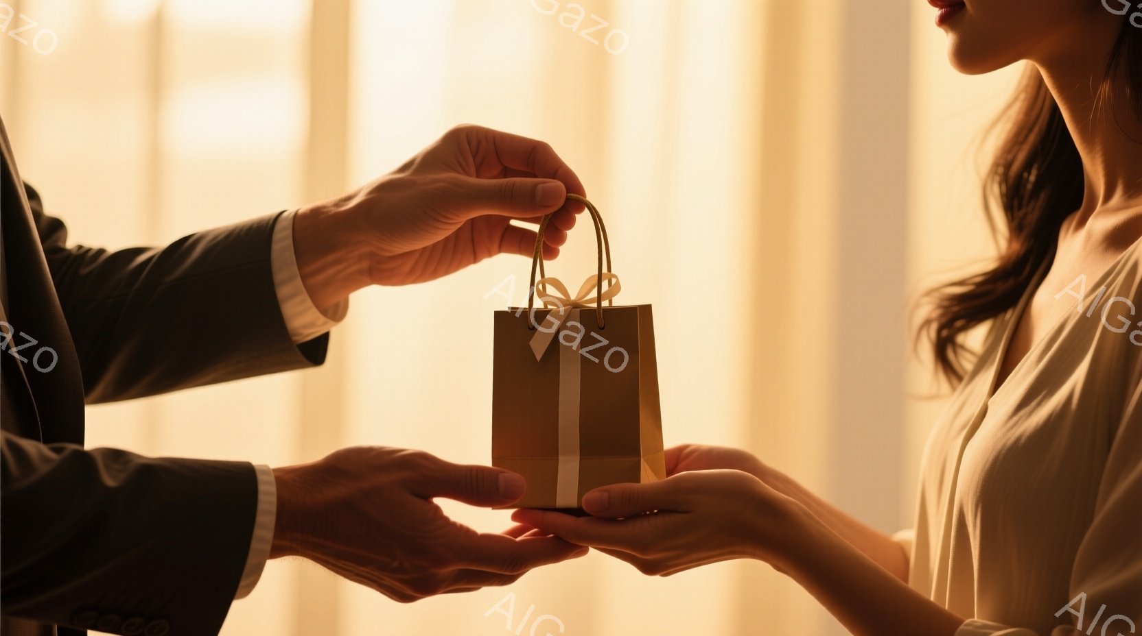 暖かい光の中で、一人の男性が小さなギフトボックス入りのプレゼントを女性に手渡そうとしています。女性は明るいクリーム色の服を着ており、長い茶色の髪が肩にかかっています。背景はぼやけており、窓からの光が差し込んでいることから室内であることがわかります。