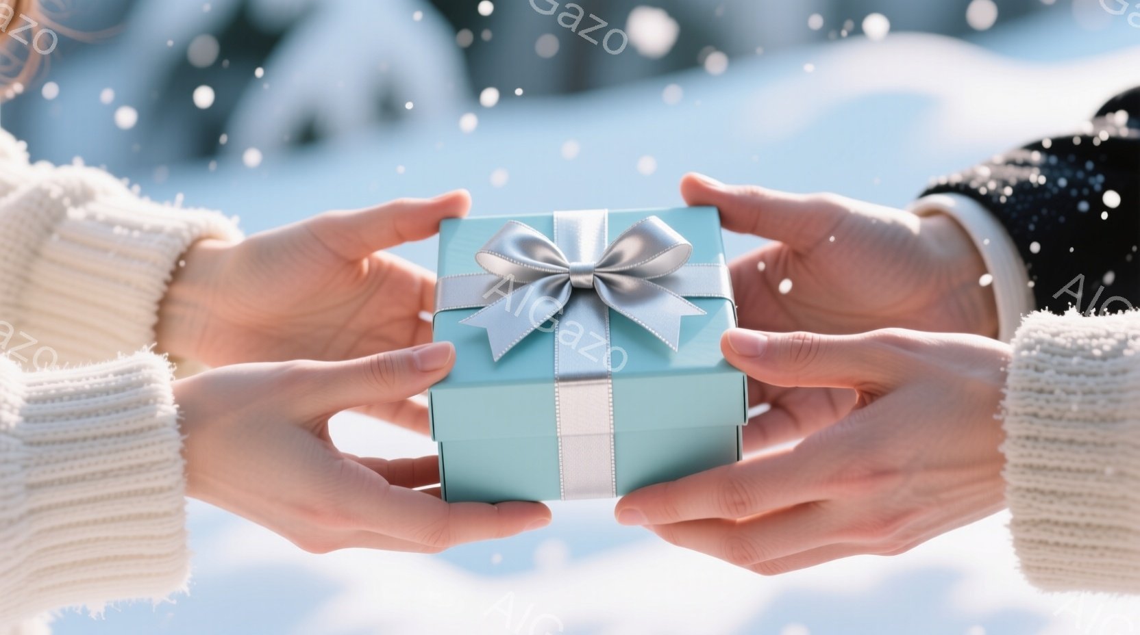 手は白いセーターの袖から出ており、ターコイズブルーのギフトボックスを両手で抱えています。ギフトボックスには、明るい灰色のリボンと装飾が施されており、雪が舞うぼやけた背景が暖かく、贈り物交換の親密な雰囲気を醸し出しています。このシーンは、冬の贈り物交換の穏やかさと喜びを表現しています。