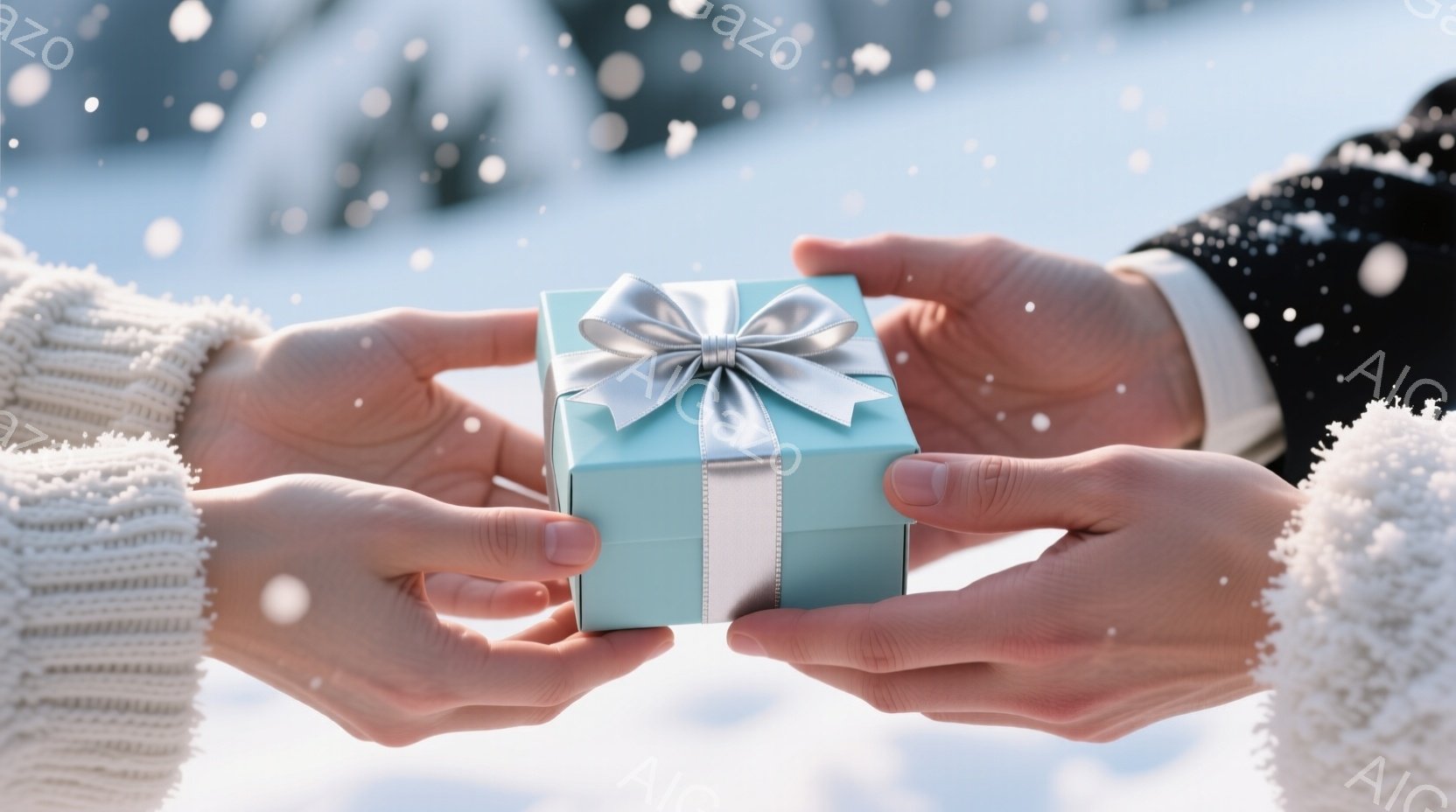 鮮やかな水色のギフトボックスが、ニットの袖を持つ二人の手の間で渡されています。背景は雪が舞う白い景色で、冬のロマンチックな雰囲気を醸し出しています。ギフトボックスには、銀色のリボンが上品に結ばれており - AI生成フリー素材