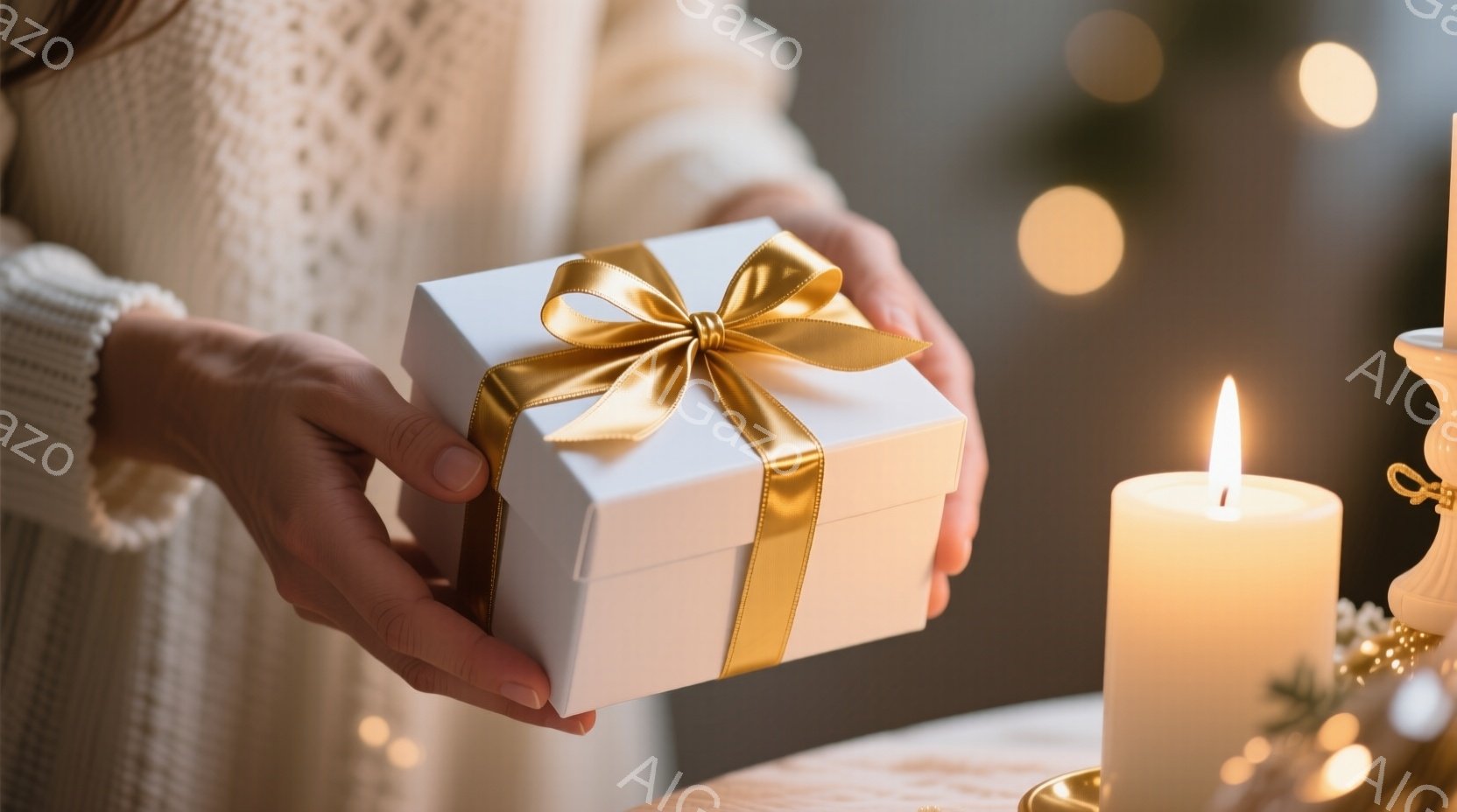 白いセーターを着た女性が、金色のリボンで結ばれた白いギフトボックスを両手で差し出している。背景にはぼんやりとクリスマスの飾り付けが見え、テーブルの上には火の灯るキャンドルが置かれている。全体的に暖かく - AI生成フリー素材