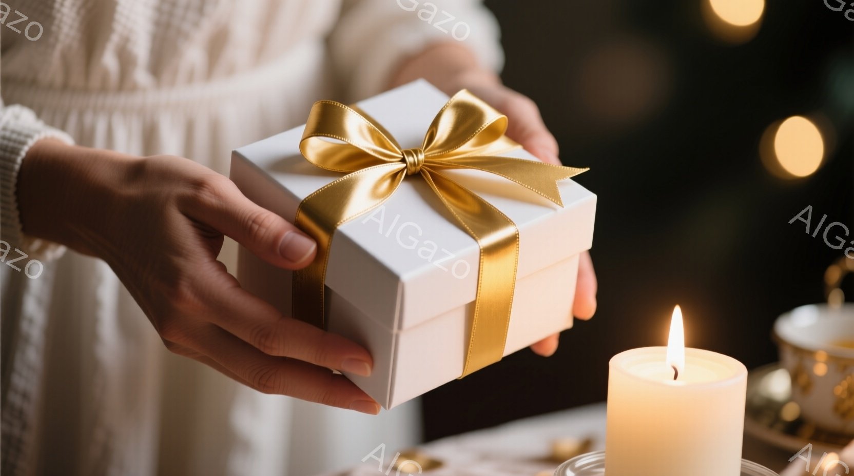 誰かの手が、白いリボンで飾られた小さなギフトボックスを差し出している。背景には、ぼやけたキャンドルの炎と金色の装飾が散りばめられたテーブルが見える。温かく、お祝いムードにあふれた、リラックスした雰囲気 - AI生成フリー素材