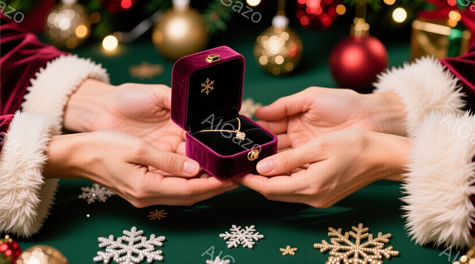 鮮やかな緑色の背景に、赤い毛皮の縁取りが施された手によって、赤いベルベットの宝石箱が掲げられています。宝石箱の中には繊細なネックレスが収められており、その輝きが目を引きます。背景には、きらめく雪の結晶や装飾が散りばめられており、クリスマスの華やかな雰囲気を醸し出しています。