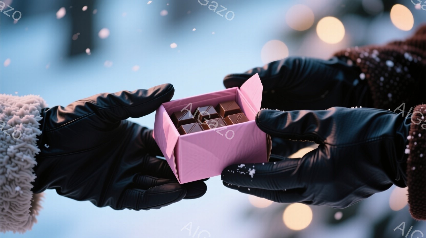 厚手の黒い手袋をはめた手が、開いたピンク色のチョコレートの箱を互いに向かい合わせています。箱の中には、きれいに並んだチョコレートが詰まっています。背景はぼやけた光のぼかしと雪のちらつきがあり、冬の暖かくロマンチックな雰囲気を感じさせます。