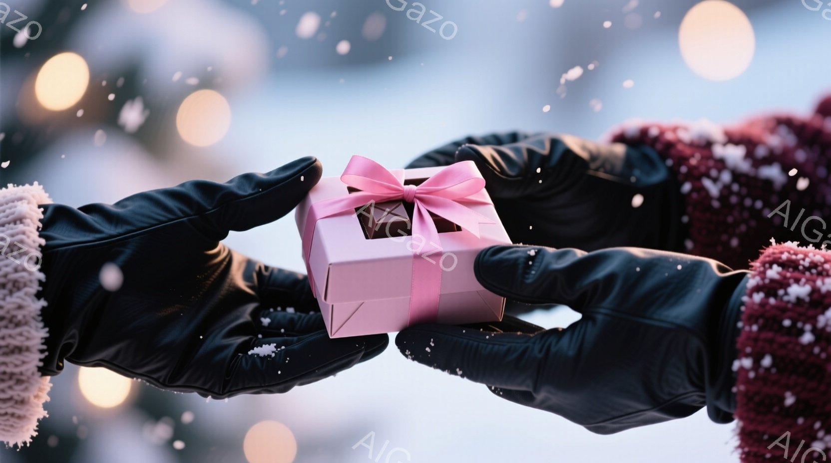 雪が舞う背景で、手袋をはめた手が小さなピンク色のギフトボックスを渡す瞬間が捉えられています。手袋は片方が黒く、もう片方が赤色の毛糸で覆われており、暖かさを感じさせます。背景にはぼんやりとした光のぼかしがあり、冬のロマンチックな雰囲気を醸し出しています。