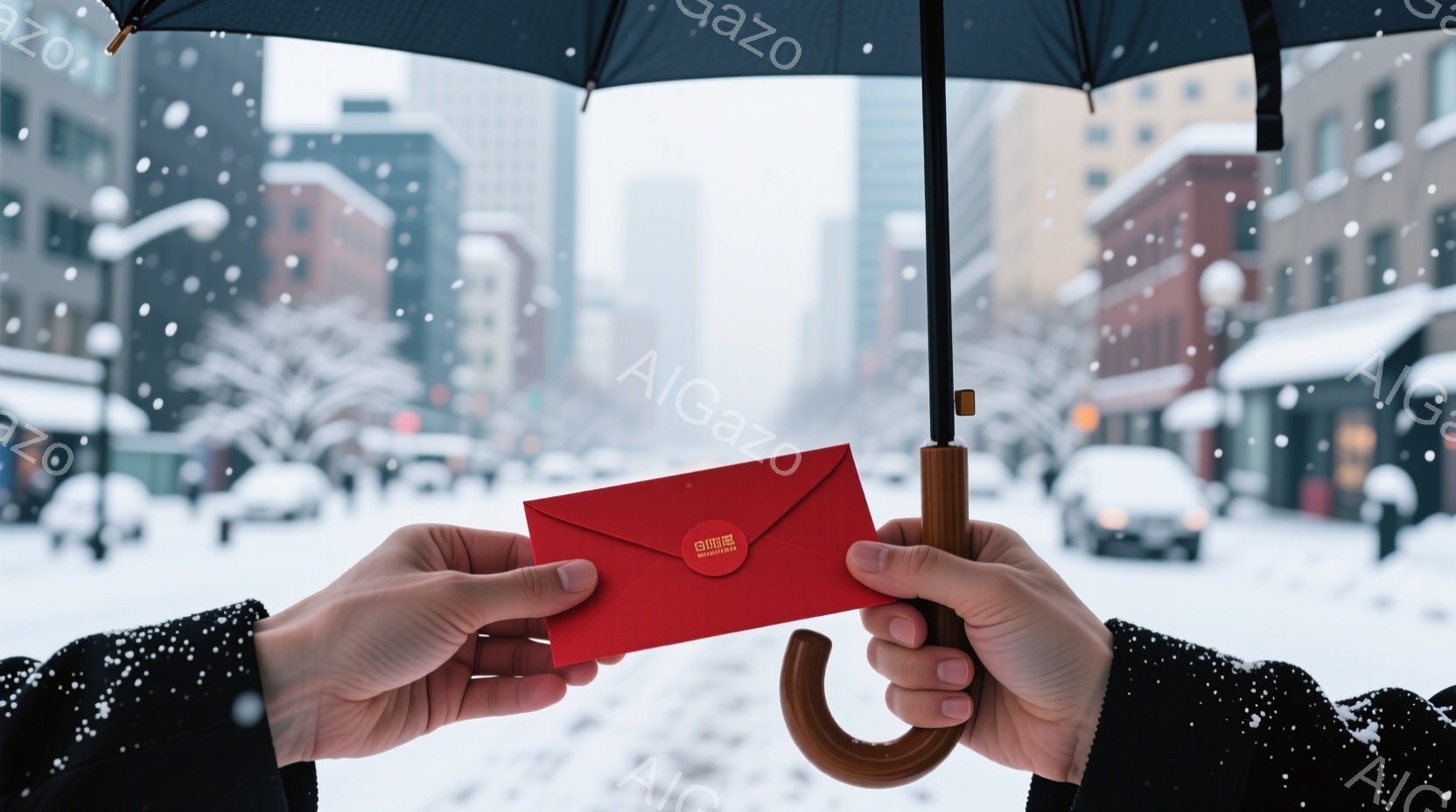 雪が降る冬の日に、赤い封筒を両手で抱えている様子が写っています。黒いコートを着た人物の手と、木製の柄を持つ傘の一部がフレーム内に収まり、背景には雪に覆われた街並みと建物が見えます。全体的に、静かで穏やかな冬の雰囲気が漂っています。