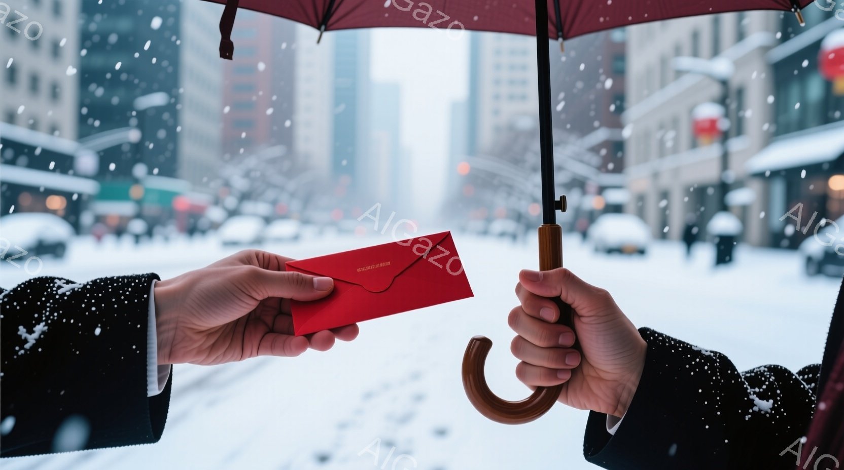 雪が降り積もる都会の風景の中で、一人が赤い封筒を別の人物に渡そうとしている様子が捉えられています。手元には黒いコートとビジネスマンらしい服装が見え、雪景色の中、静かで落ち着いた雰囲気が漂っています。背景には高層ビル群が立ち並び、冬の都市の寒さと静寂を強調しています。