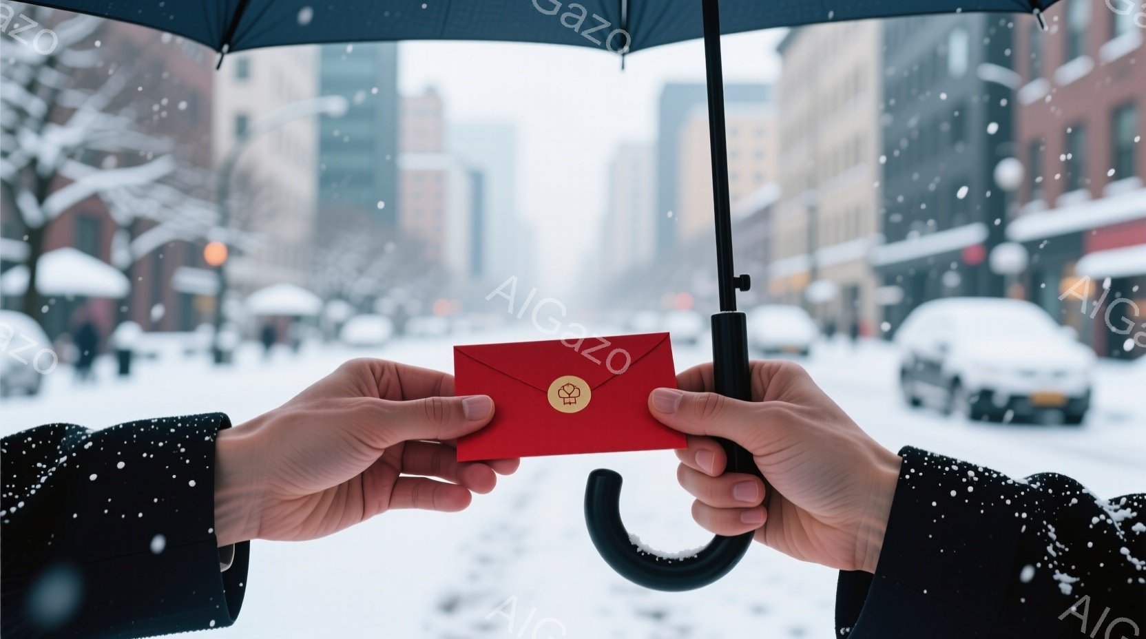 雪が降る街並みの中で、赤い封筒が手前に差し出されている。手はダークカラーのコートの袖から出ており、封筒には金色の模様が描かれている。背景は白く覆われた建物や道路で、ぼやけた冬の風景が広がっている。