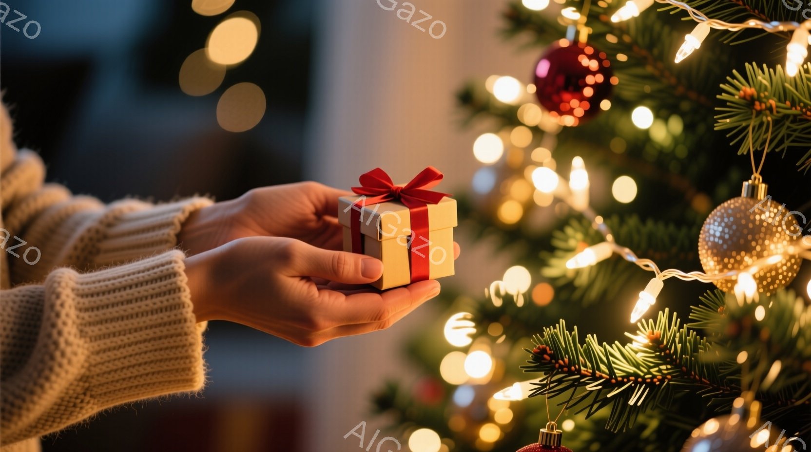 クリーム色のざっくりとしたニットを着た人物の手が、赤いリボンで結ばれた小さなギフトボックスを優しく包み込んでいる。背景には、輝く電飾とオーナメントで飾られたクリスマスツリーがぼやけ、暖かく、お祝いの雰 - AI生成フリー素材