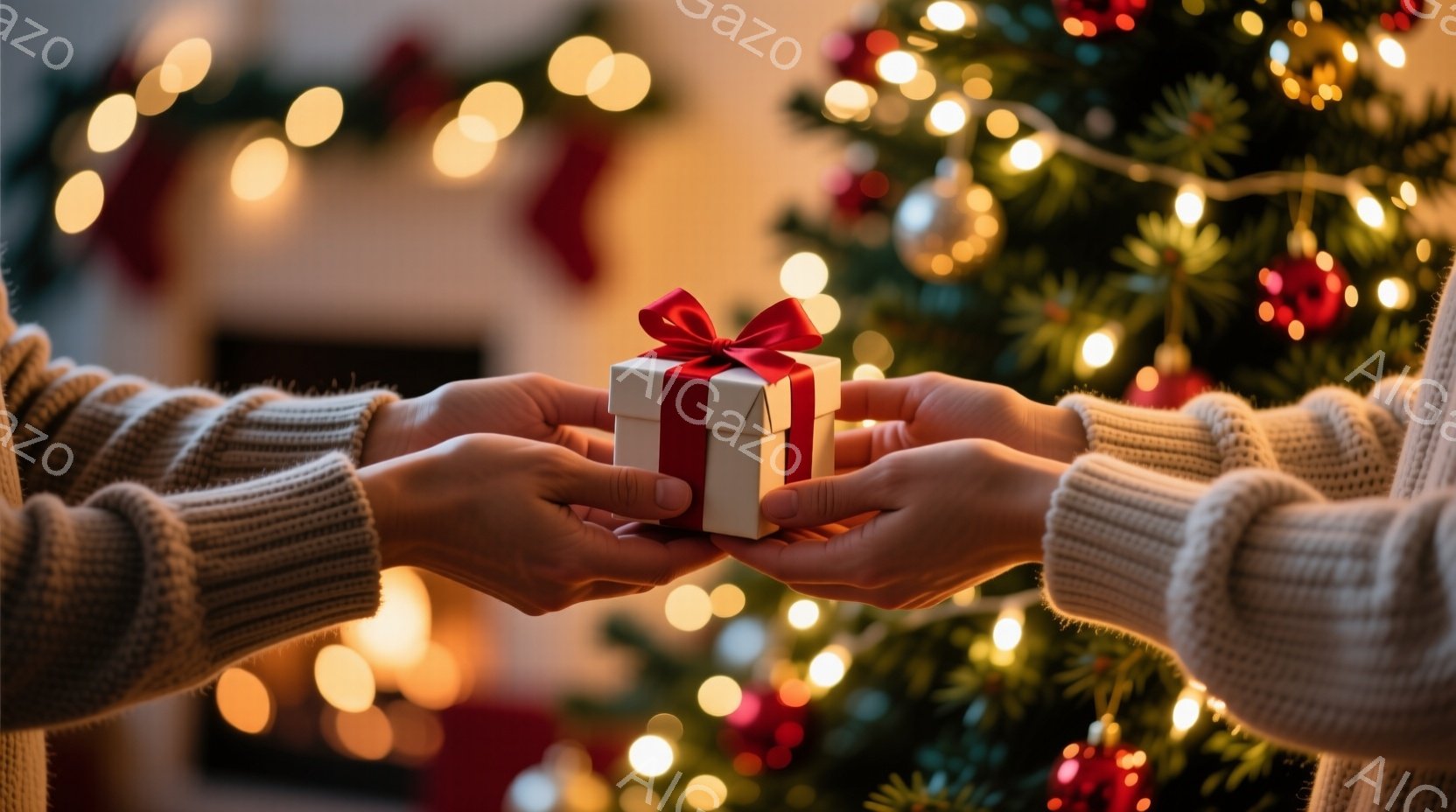 温かいベージュ色のセーターを着た二人の手が、白いギフトボックスを互いに向かい合わせています。ギフトボックスは赤いリボンで美しく飾られており、ホリデーシーズンを象徴しています。背景には、ぼんやりと光るク - AI生成フリー素材