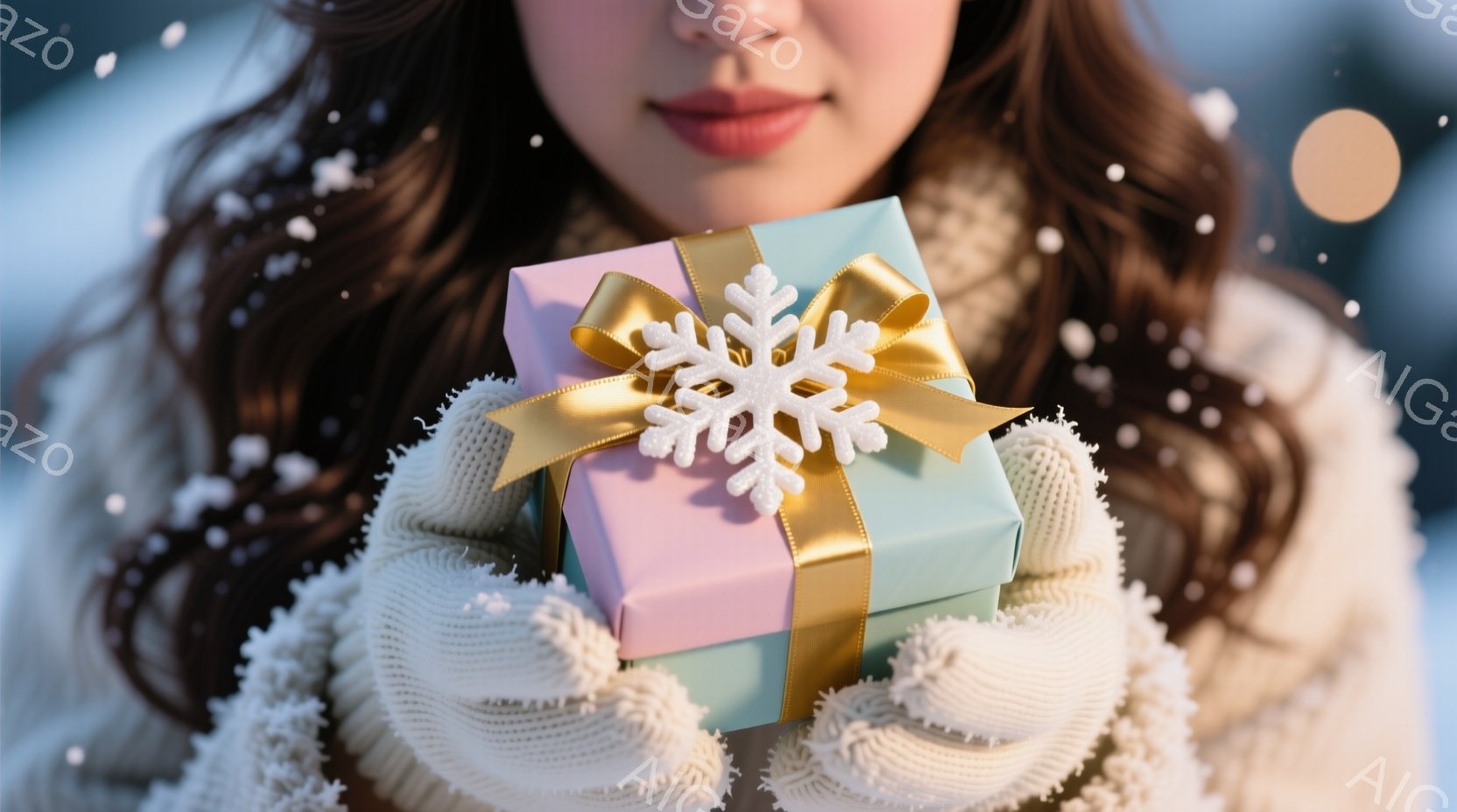 長い茶色のウェーブヘアの女性が、両手でラッピングされたプレゼントを抱えています。彼女は白いニットのミトンを着ており、唇には薄いピンク色の口紅が塗られています。背景にはぼやけた雪景色が広がり、雪片が舞っており、暖かく穏やかな冬の雰囲気が漂っています。