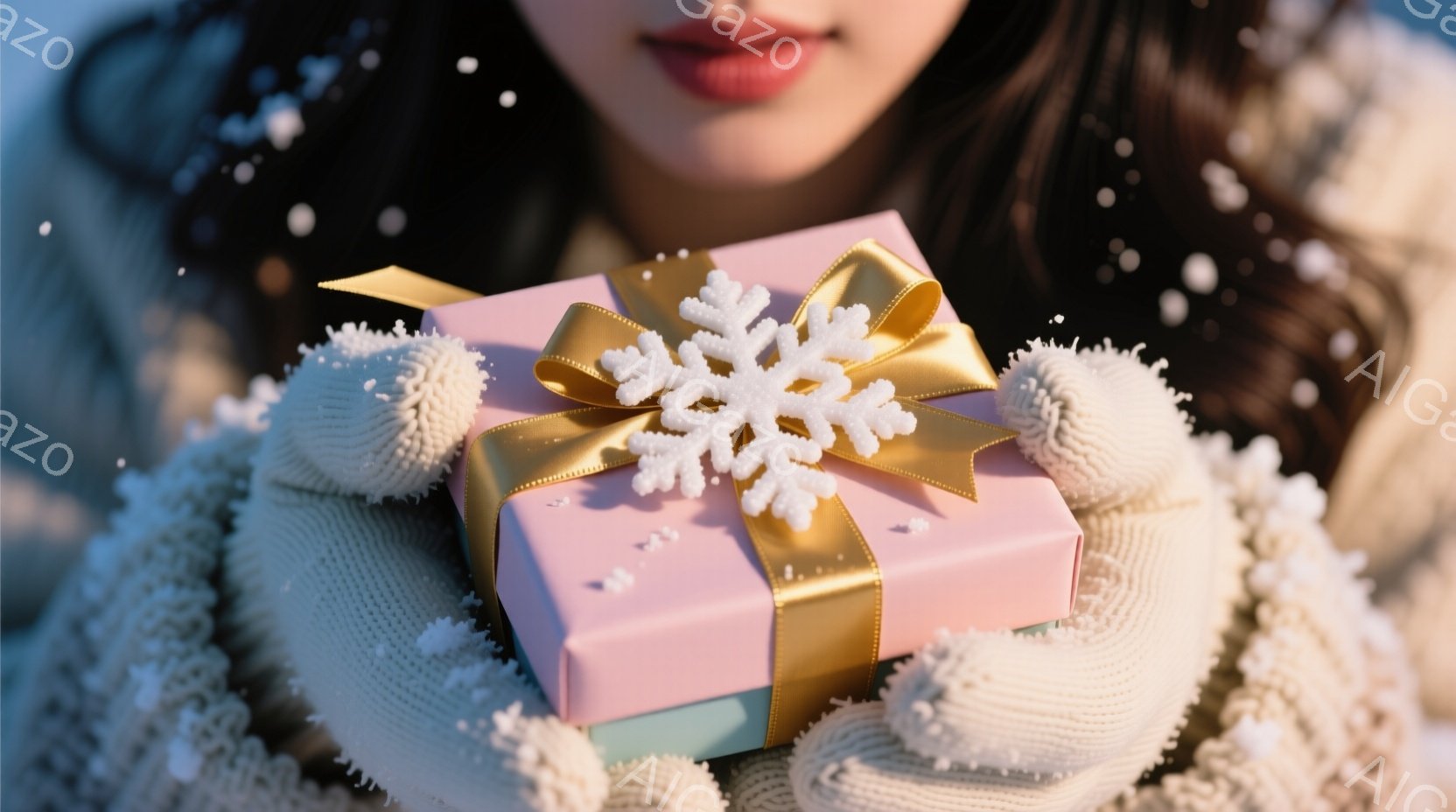 長いダークブラウンの髪を持つ女性が、ピンク色のギフトボックスを白いポンポン付きの手袋で抱えています。ギフトボックスは金色のリボンと白い雪の結晶の飾りで飾られています。背景は雪が舞う冬の風景で、暖かく優しいクリスマスの雰囲気が漂っています。