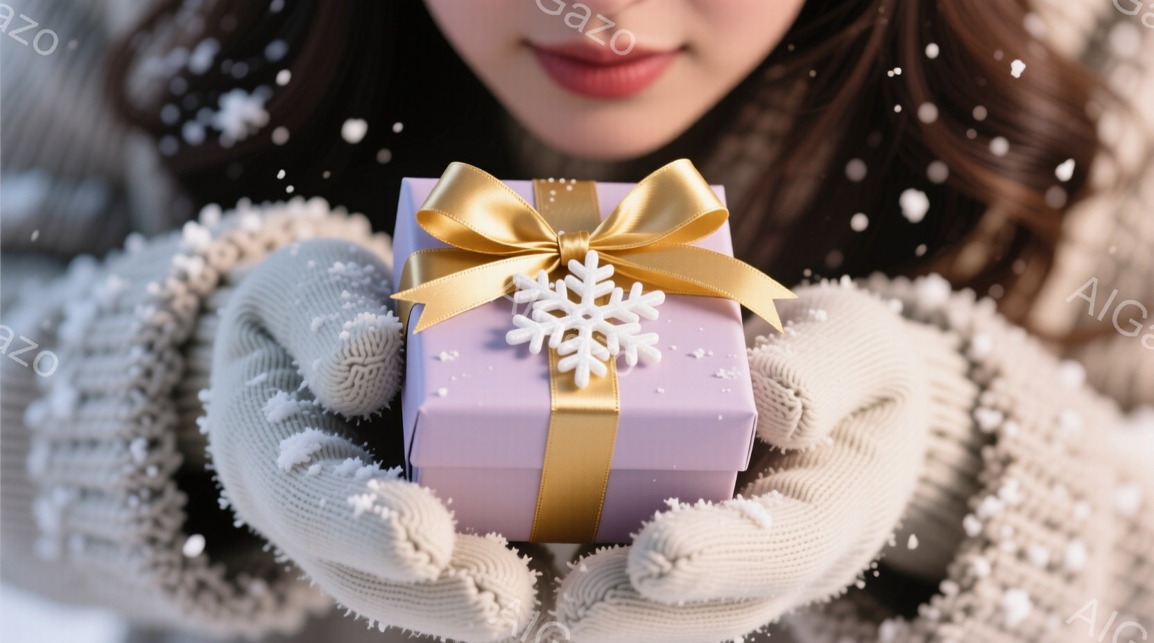 暖かいセーターを着た女性が、両手で淡い紫色のギフトボックスを抱えています。ギフトボックスには金色のリボンと雪の結晶の飾りがあり、背景には雪が舞っています。全体的に、温かく、心温まる冬の雰囲気が漂っています。