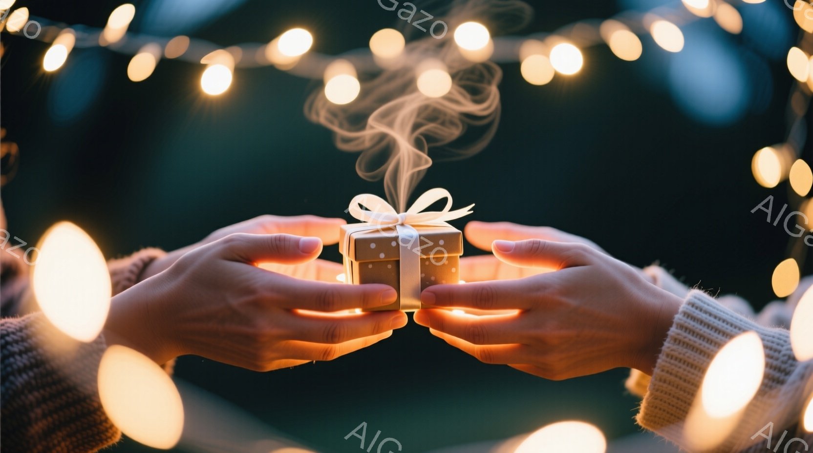 手のひらで小さなギフトボックスが捉えられており、ボックスからは白い煙が立ち上っている。ギフトボックスは水玉模様で白いリボンが結ばれており、手のひらは暖かそうなセーターの袖から覗いている。背景は暗く、ぼやけた光の粒が散りばめられており、幻想的で温かい雰囲気を醸し出している。