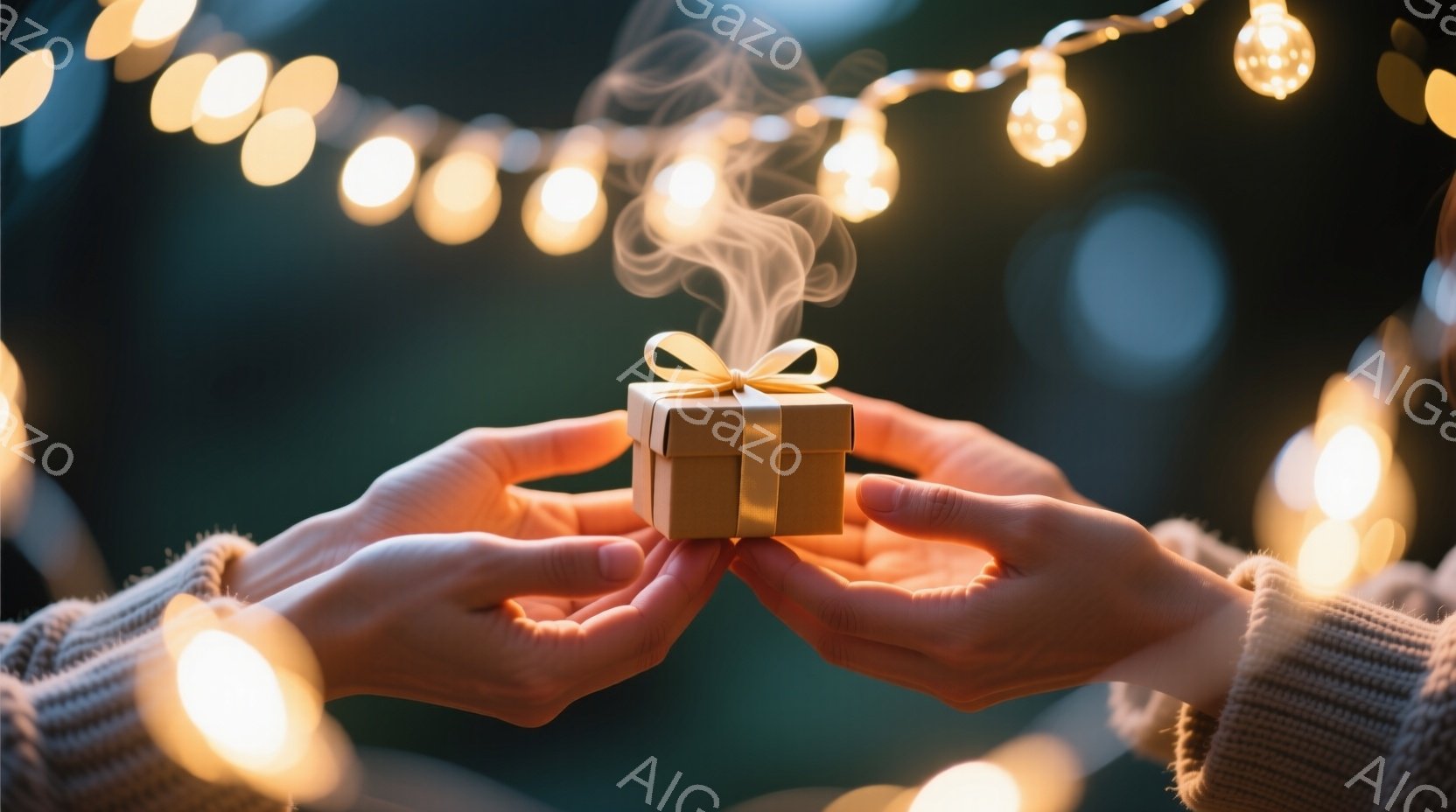 暖炉の光のような温かい光に照らされた、手のひらに乗った小さなギフトボックスが印象的です。箱はベージュ色でリボンが結ばれており、煙が立ち上っていることから、中身が温かいものであることが推測できます。背景はぼかされており、小さな電球の光が幻想的な雰囲気を醸し出しています。