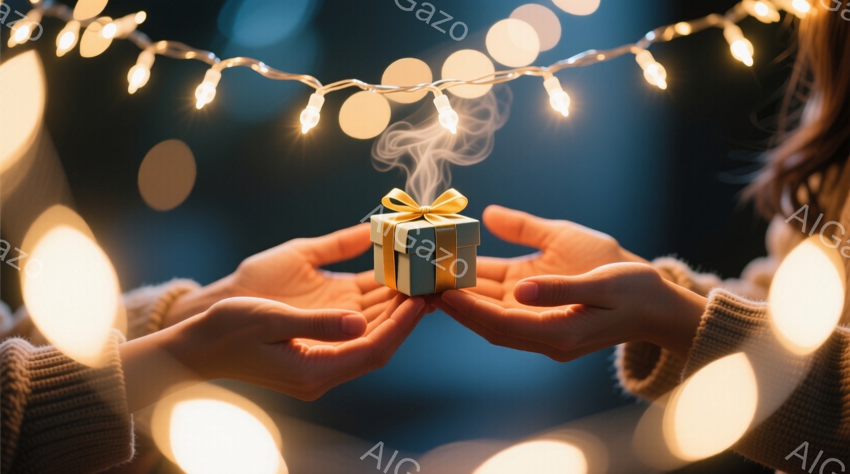 二人の手が、小さな緑色のギフトボックスを両手でそっと抱えています。ギフトボックスからは白い煙が立ち上り、温かい雰囲気を醸し出しています。背景にはぼやけた光のストリングライトが輝き、まるで特別な夜のようであり、全体的に穏やかでロマンチックなムードが漂っています。