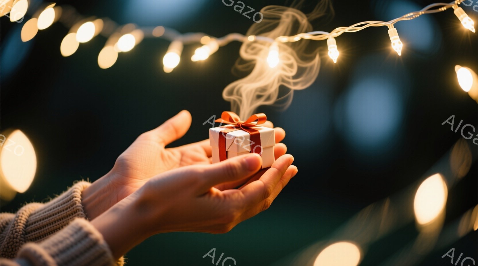 温かい光のぼかしを背景に、ニットを着た人物が両手を広げ、小さなギフトボックスを掲げています。ギフトボックスからは白い煙が立ち上り、温かさと神秘的な雰囲気を醸し出しています。背景にはぼんやりとした光の糸 - AI生成フリー素材