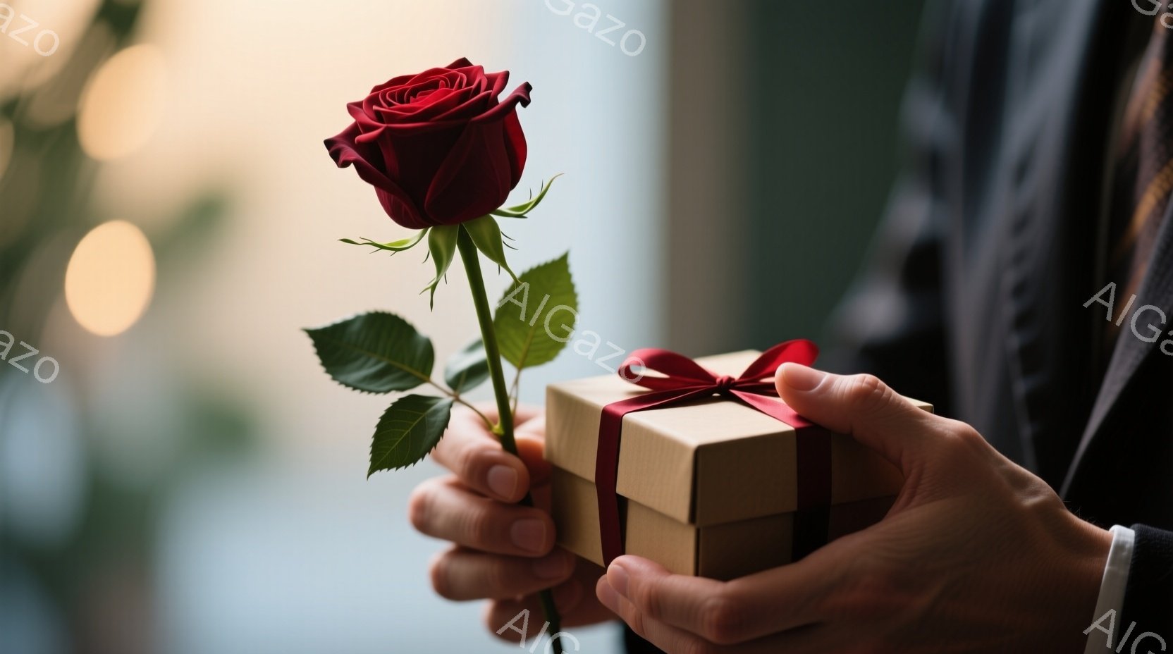 片手には深紅のバラ、もう片手にはリボンで結ばれた小さなギフトボックスが握られています。背景はぼかされており、室内であることと、窓からの光が差し込んでいることがわかります。全体的に、ロマンチックで、贈り - AI生成フリー素材