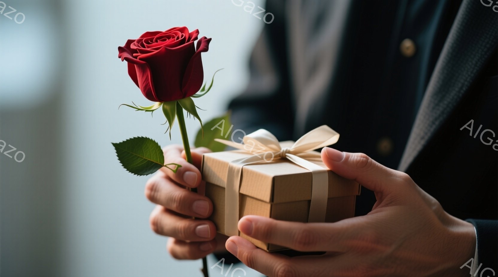 一人の男性が、片手に赤いバラを、もう片手に小さなギフトボックスを持っています。彼は濃いグレーのストライプのスーツを着ており、背景はぼやけていますが、おそらく室内で、柔らかい光が当たっているようです。全体的に、ロマンチックで贈り物をする温かい雰囲気が漂っています。
