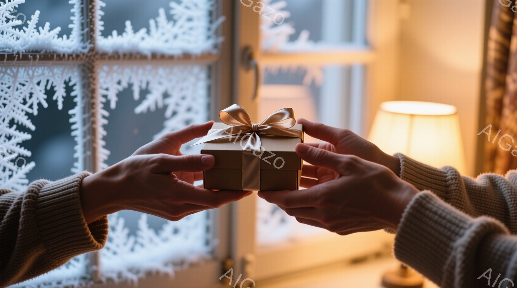 暖炉の光が差し込む室内で、二人の手が小さなギフトボックスを互いに差し伸べている。ギフトボックスは金色の包装紙で包まれ、白いリボンが結ばれている。背景には雪景色が見える窓があり、温かく穏やかなクリスマス - AI生成フリー素材
