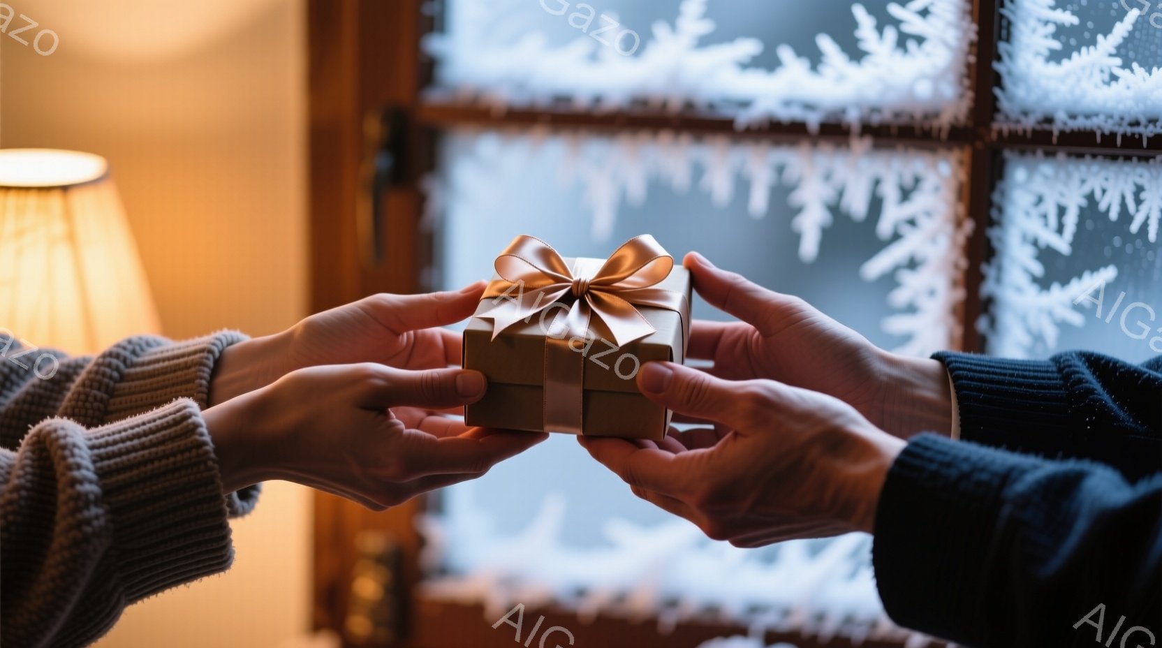 温かいセーターを着た二人の手が、小さなギフトボックスを交換しようとしています。ギフトボックスは明るい金色で、リボンが結ばれており、冬の風景を描いた窓の背景が暖かさを添えています。 全体的に、この写真は - AI生成フリー素材