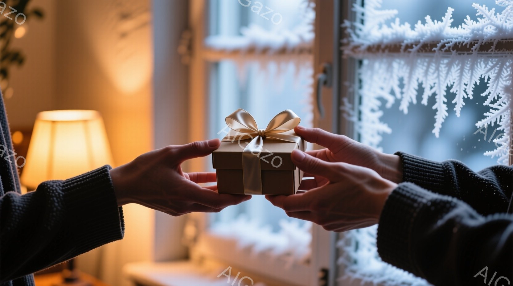 暖炉の光が差し込む室内で、二人の手が小さなギフトボックスを互いに渡そうとしています。ギフトボックスは茶色で、金の紐で結ばれており、温かみのある印象を与えます。背景には、霜で覆われた窓があり、冬の穏やかな雰囲気を醸し出しています。