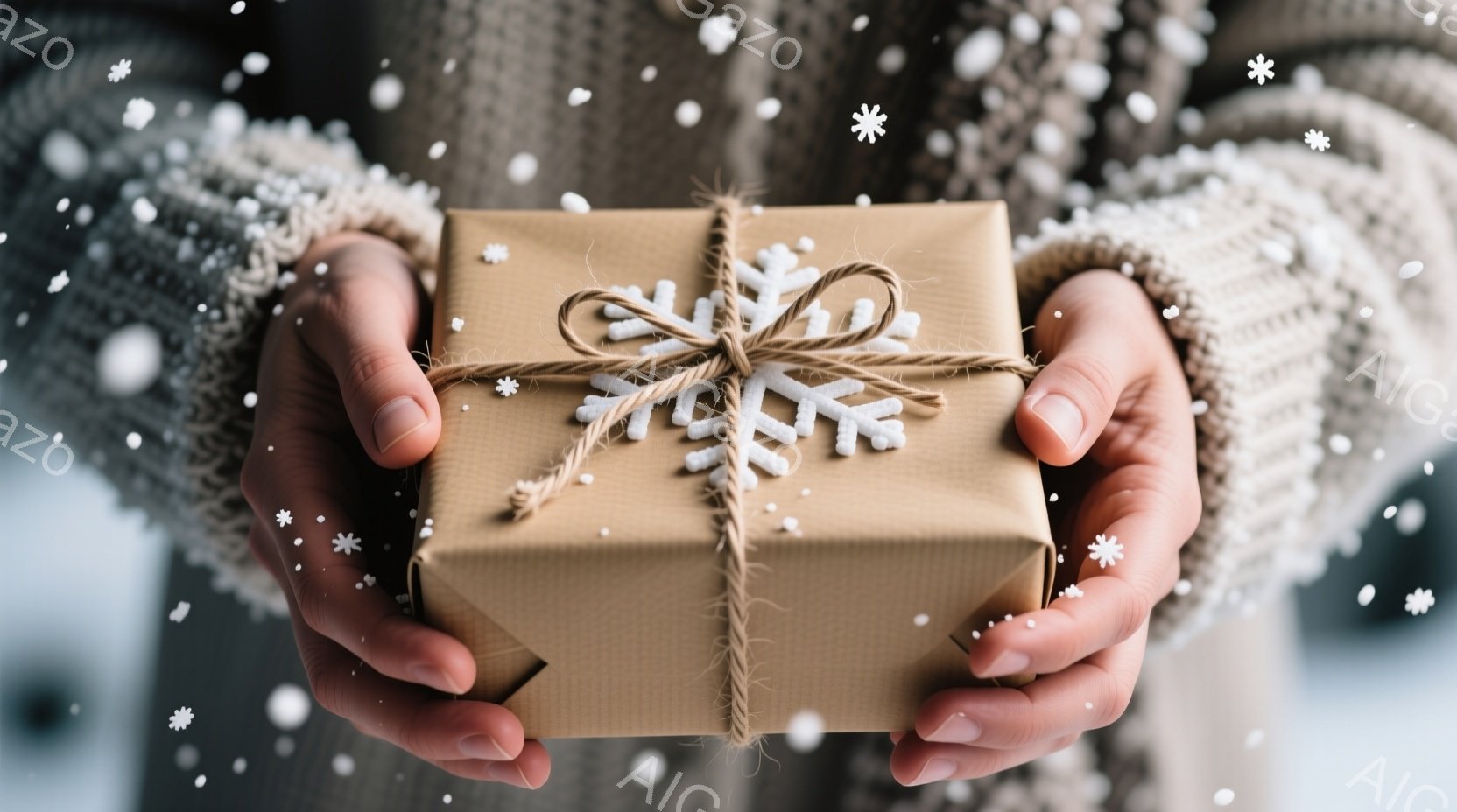 暖色系のニットセーターを着た人物が、茶色の包装紙で包まれたプレゼントを両手で大切に抱えています。プレゼントには麻紐が巻き付けられ、白い雪の結晶の飾りがあしらわれています。背景はぼやけていますが、雪が降 - AI生成フリー素材