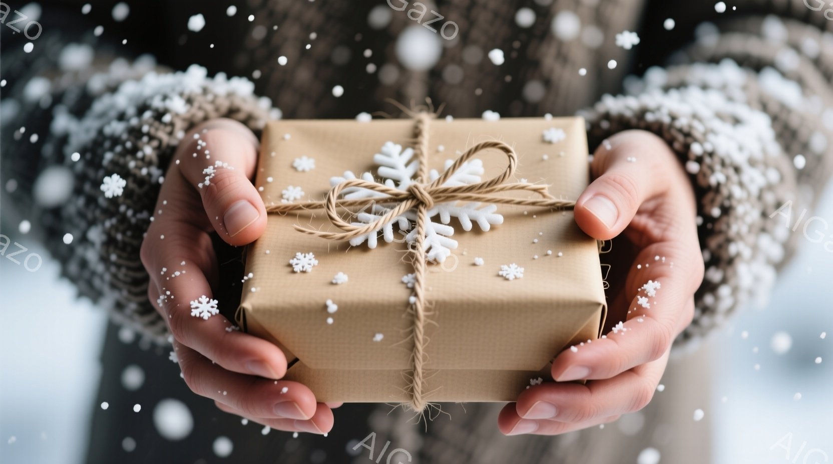 暖かいセーターを着た人物が、茶色の包装紙で包まれたプレゼントを両手で大切に抱えています。プレゼントには麻紐が巻かれ、白い紙で作られた雪の結晶が飾られています。背景には雪が舞い、冬の温かく優しい雰囲気が漂っています。