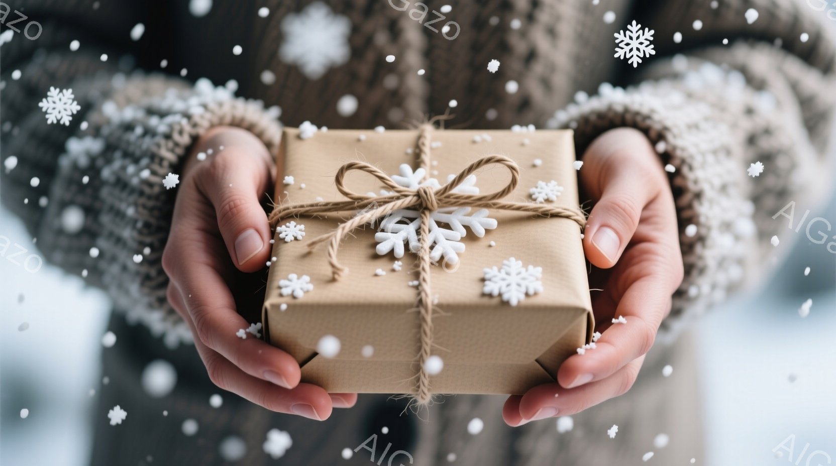 温かい茶色のセーターを着た人物が、茶色の包装紙で丁寧に包まれたプレゼントを両手で抱えています。プレゼントには白い雪の結晶の飾り付けが施され、リボンで結ばれています。背景はぼやけており、雪が舞う冬の風景がうかがえ、温かく、心温まるクリスマスの雰囲気が漂っています。