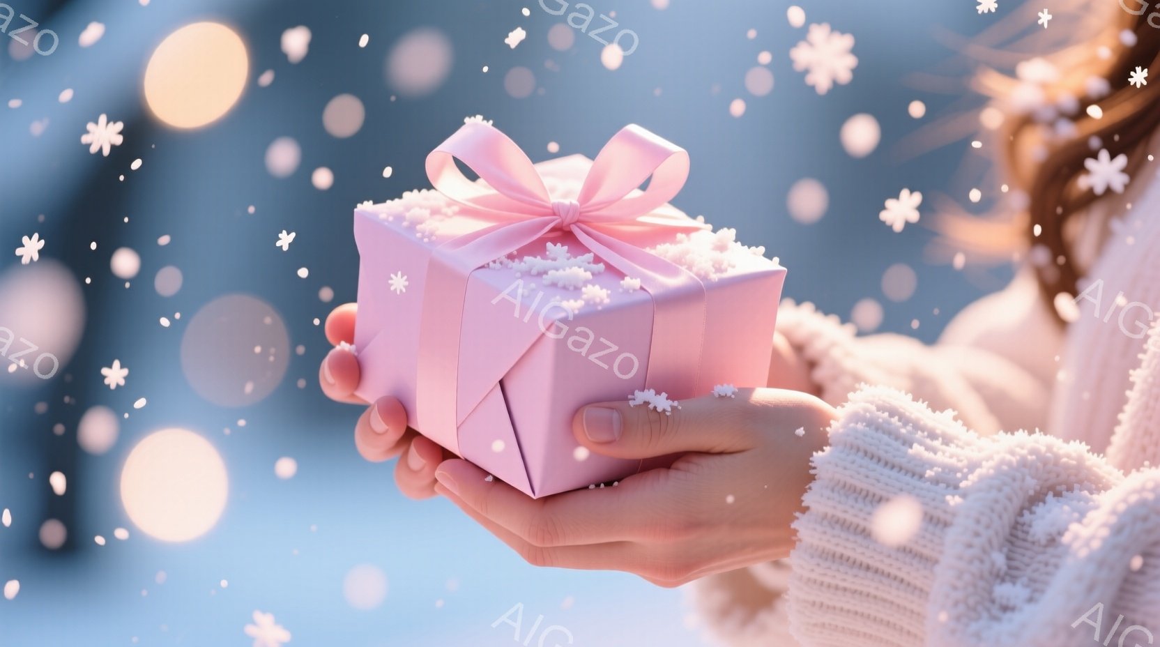 暖炉の光のようなぼんやりとした背景に、ピンク色のリボンのかかったプレゼントボックスが女性の手の中で優しく抱かれています。女性は白のニットセーターを着ており、手元のみが写っています。雪片が舞い散る背景は - AI生成フリー素材