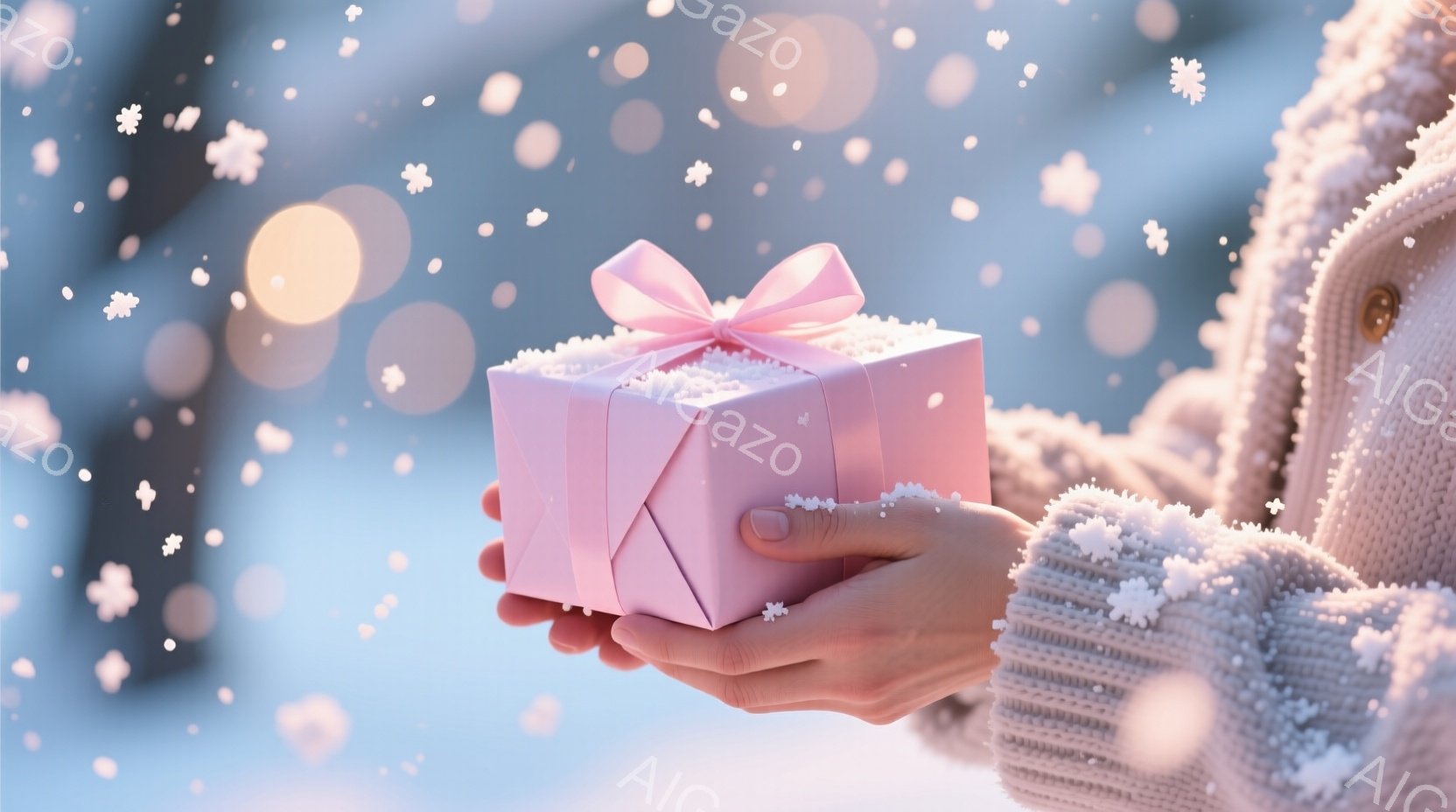 雪が舞う中で、ピンク色の小さなギフトボックスが手のひらで優しく支えられています。着用者はオフホワイトのニットセーターを着ており、暖かく柔らかい印象を与えています。背景はぼやけた冬景色で、穏やかでロマンチックな雰囲気が漂っています。