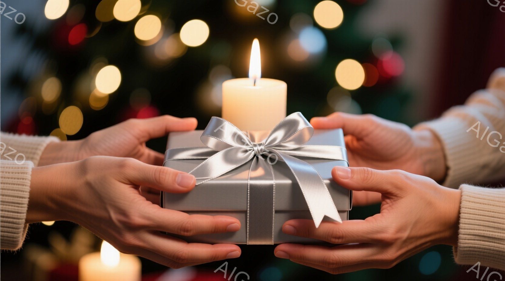 暖かいセーターを着た人物の手が、銀色のリボンで飾られたギフトボックスを両手で抱えています。背景には、ぼやけたクリスマスツリーと、いくつかの点灯したキャンドルが見え、温かく穏やかな雰囲気が漂っています。 - AI生成フリー素材