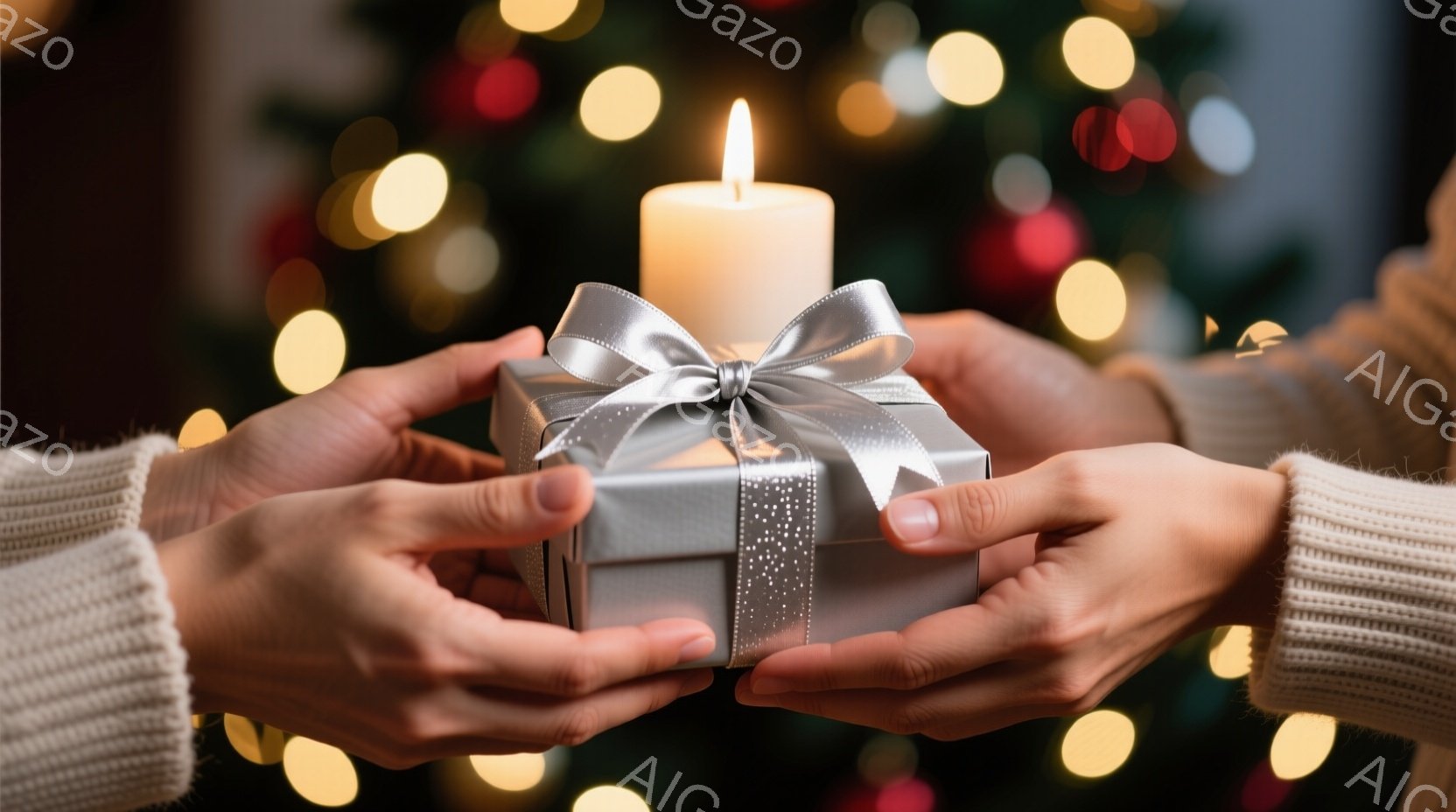 暖炉の光が灯る中で、二人の手が銀色のギフトボックスを互いに差し伸べている。ギフトボックスには光沢のある灰色のリボンが結ばれており、その上には温かい光を放つ白いキャンドルが置かれている。背景はぼやけたク - AI生成フリー素材