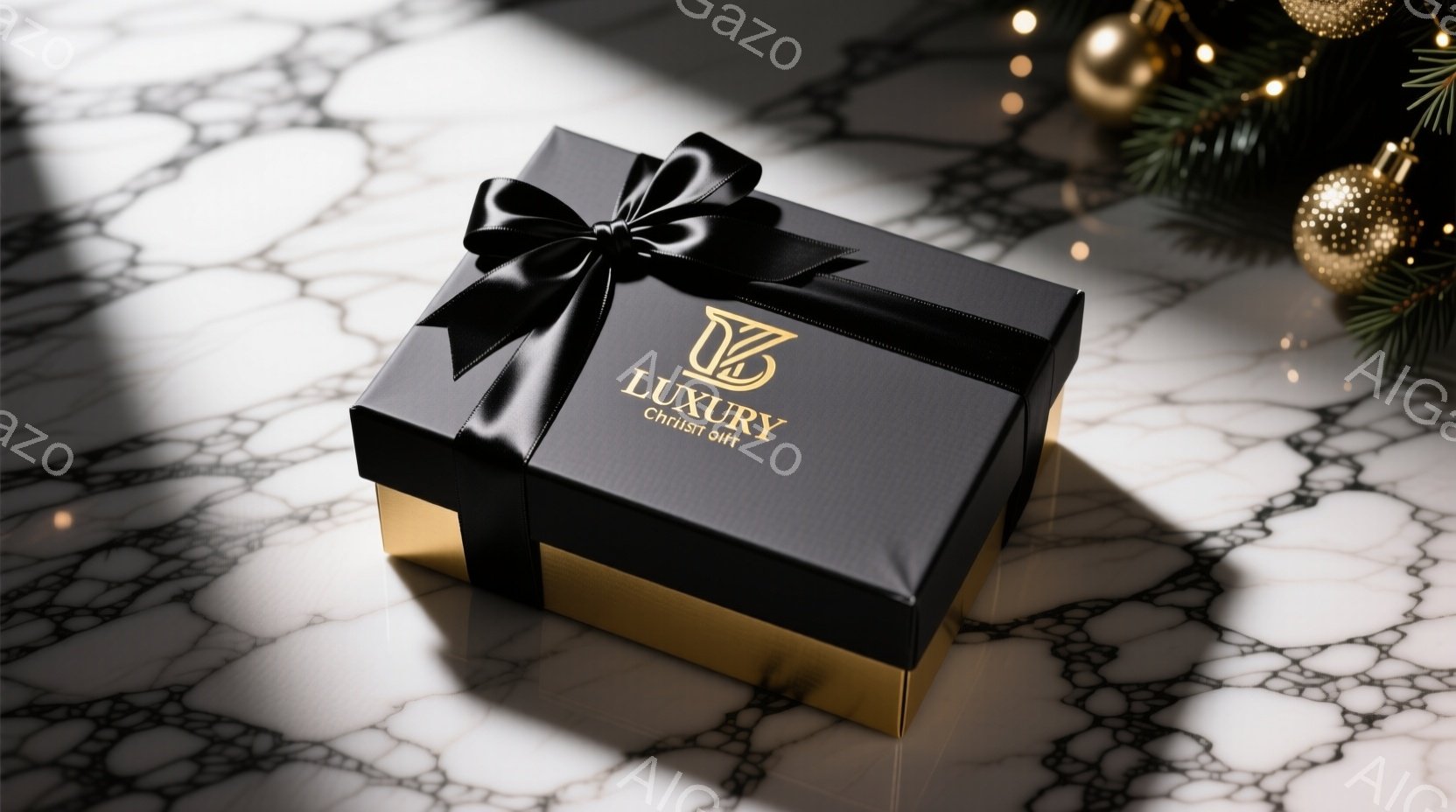 黒いギフトボックスが、白い大理石のような背景に置かれています。リボンで飾られ、ボックスには金色の文字で「LUXURY」と書かれています。背景には、クリスマスツリーの枝と金色のオーナメントが見え、全体的 - AI生成フリー素材
