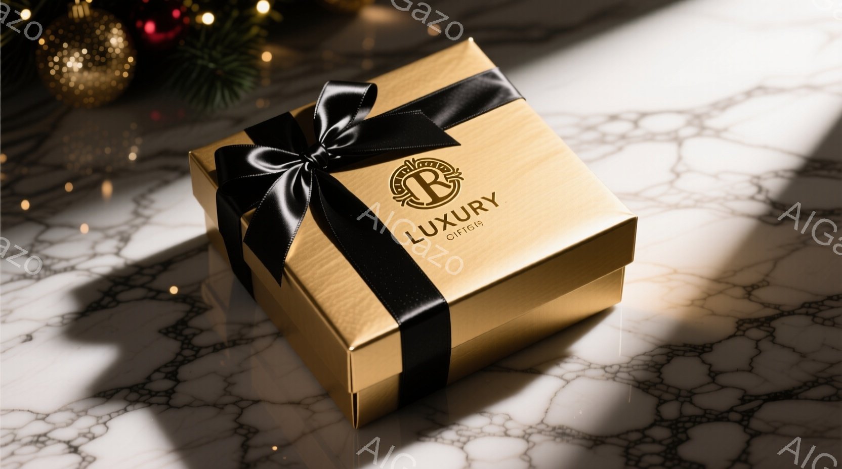 光沢のある金色のギフトボックスが、大理石のような背景の上に置かれています。黒いリボンが上品に結ばれており、ボックスの上部には「LUXURY」と書かれたロゴが配置されています。背景にはぼやけた緑色の装飾 - AI生成フリー素材