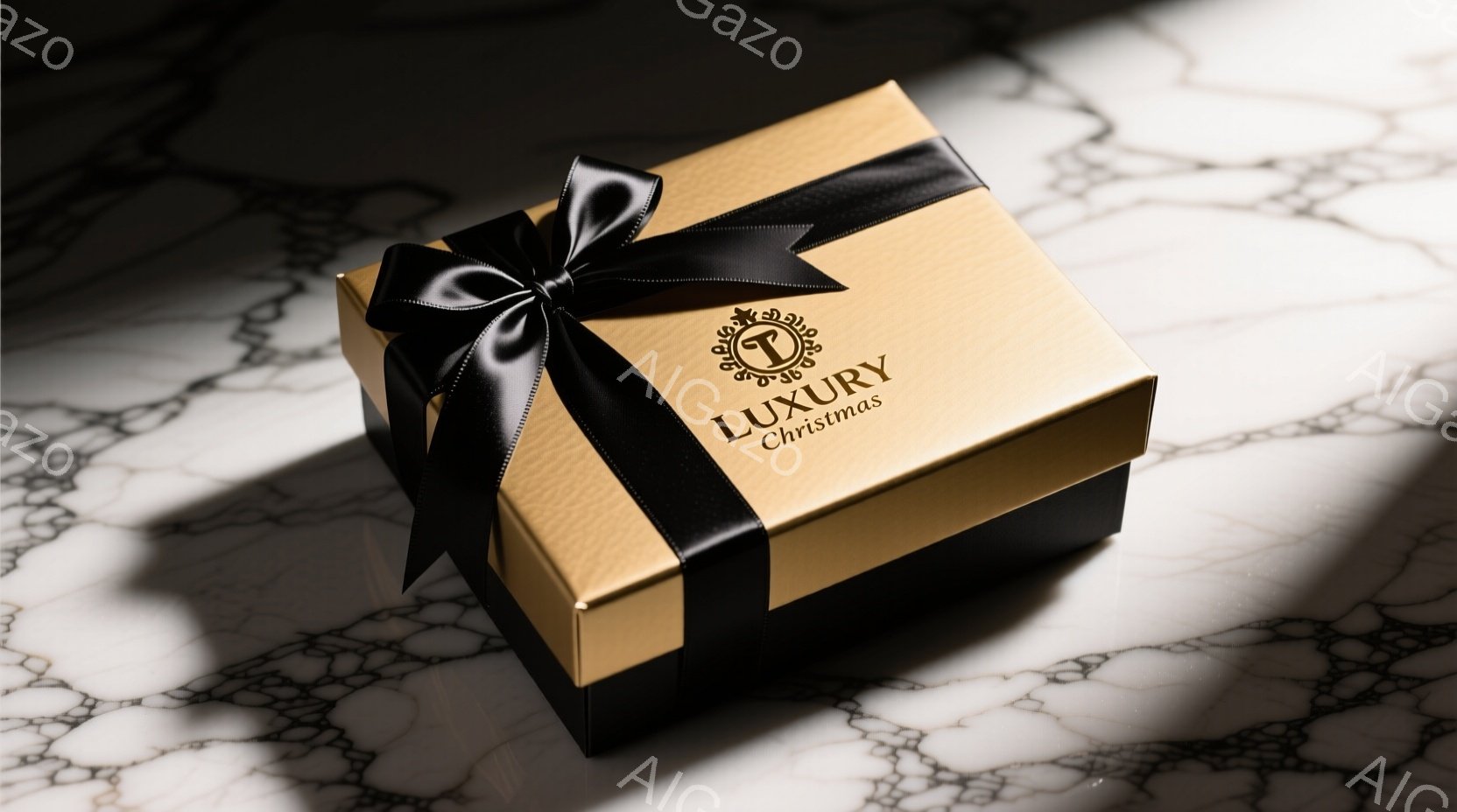明るいベージュ色のギフトボックスが、黒いリボンで上品にラッピングされています。背景は白とグレーのマーブル模様の大理石で、影が落とされており、高級感と洗練された雰囲気を醸し出しています。全体的に暖かく、 - AI生成フリー素材