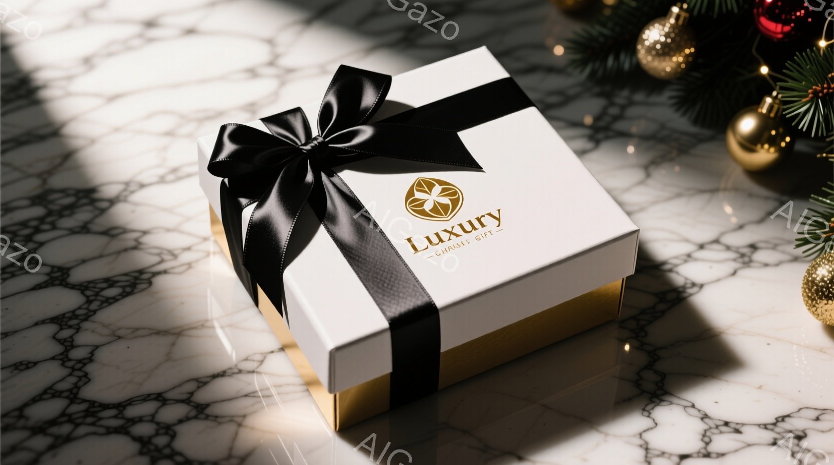 白いギフトボックスが、大理石のような質感の背景の上に置かれています。黒いリボンで上品に飾られ、ボックスの正面には金色のロゴが入っています。背景にはぼやけたクリスマスオーナメントが見え、全体的に豪華で洗 - AI生成フリー素材