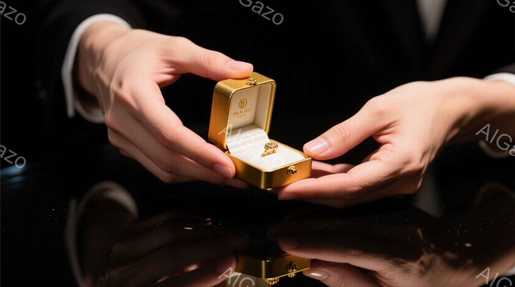 金色の装飾が施された小さな箱が、手のひらの中で開かれ、その中には輝く指輪が収められています。箱を持つ人物は、黒いフォーマルな服装をしており、高級感と洗練された雰囲気を醸し出しています。背景は暗く、指輪と箱に焦点が当てられており、特別な瞬間やプロポーズの情景を連想させます。