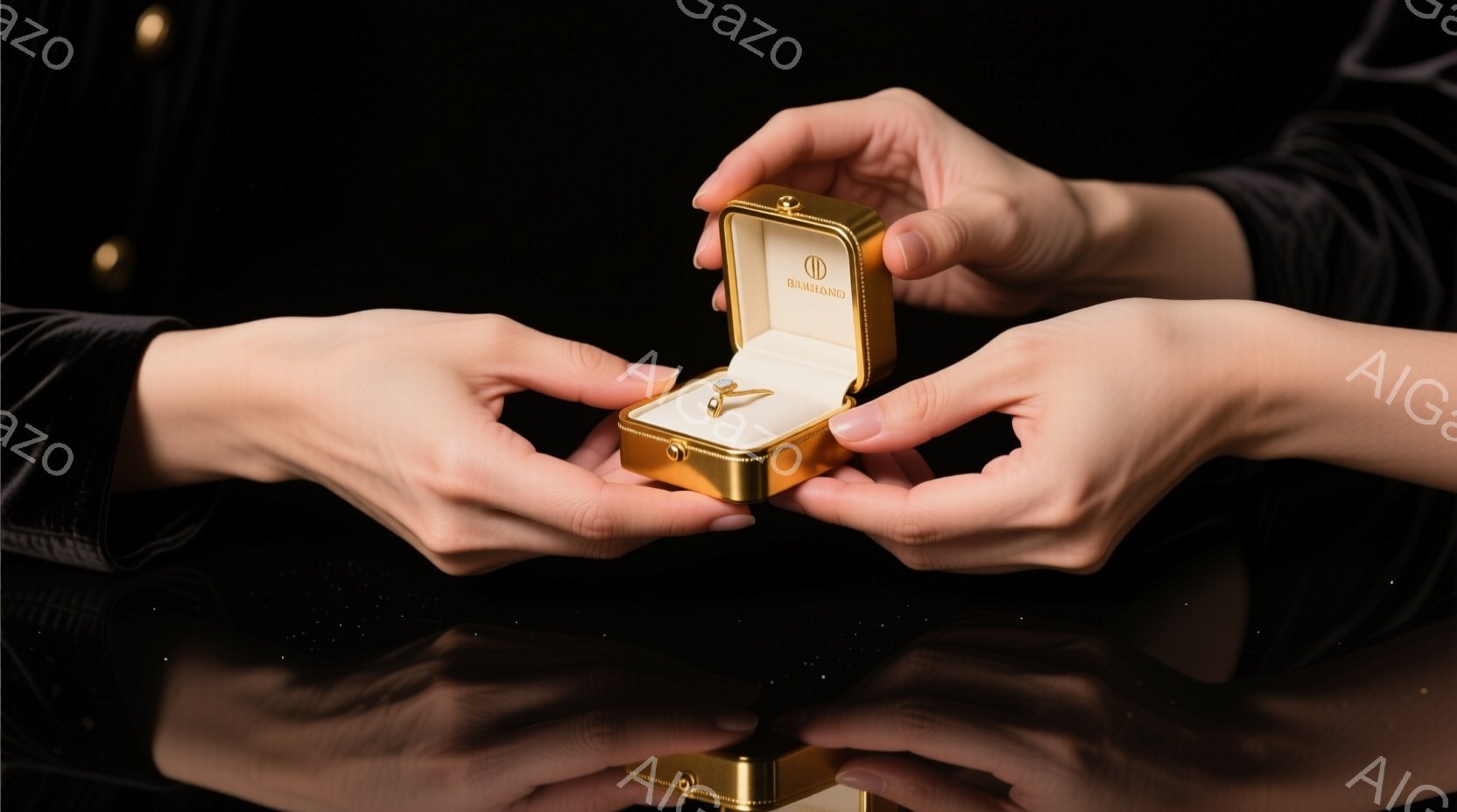 ベルベットのような黒い服を着た人物が、金色の小さな宝石箱を両手で優しく抱えています。箱の中にはきらめく指輪が収められており、箱の上部にはロゴが刻印されています。背景は暗く、箱と指輪が際立つように光が当てられており、高級感とロマンチックな雰囲気を醸し出しています。