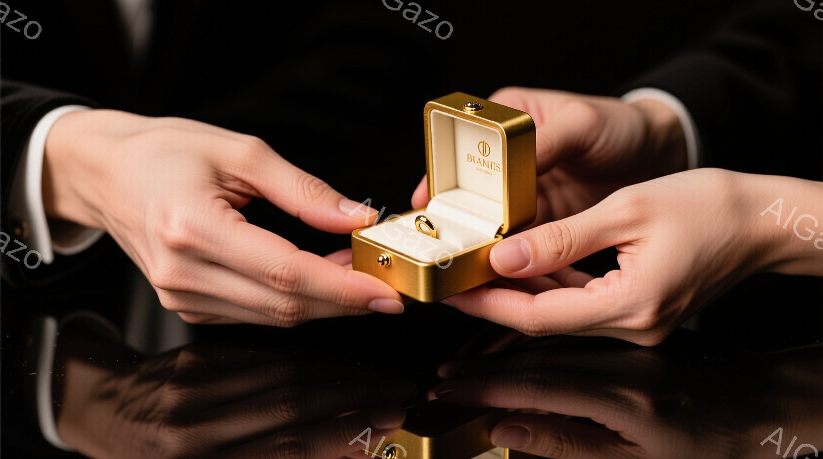 鮮やかな光沢のある金色のジュエリーボックスが、手のひらで開かれ、中にはきらめく指輪が収められています。着用者はフォーマルな黒いスーツを着用し、指輪に焦点を当てた構図で、洗練された雰囲気を作り出しています。背景は暗く反射しており、ジュエリーの輝きを際立たせています。