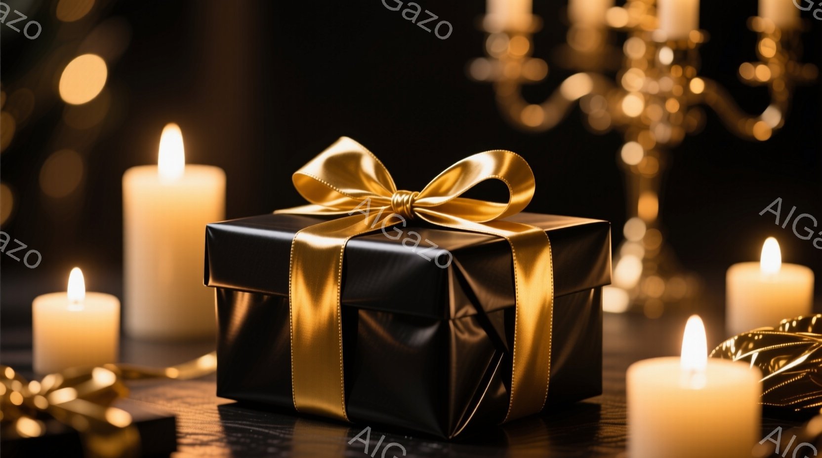 黒いギフトボックスが画面中央に配置されており、金色のリボンで美しくラッピングされています。周囲には数本の点灯したキャンドルが配置され、背景にはぼやけたゴールドの装飾が映り込んでおり、華やかでロマンチッ - AI生成フリー素材