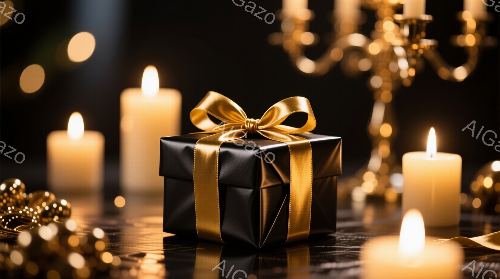 黒いギフトボックスが、金色のリボンで飾られ、光るキャンドルと金色の装飾に囲まれて配置されている。背景は暗く、キャンドルの光がボックスと装飾を照らし、華やかでロマンチックな雰囲気を醸し出している。全体的 - AI生成フリー素材