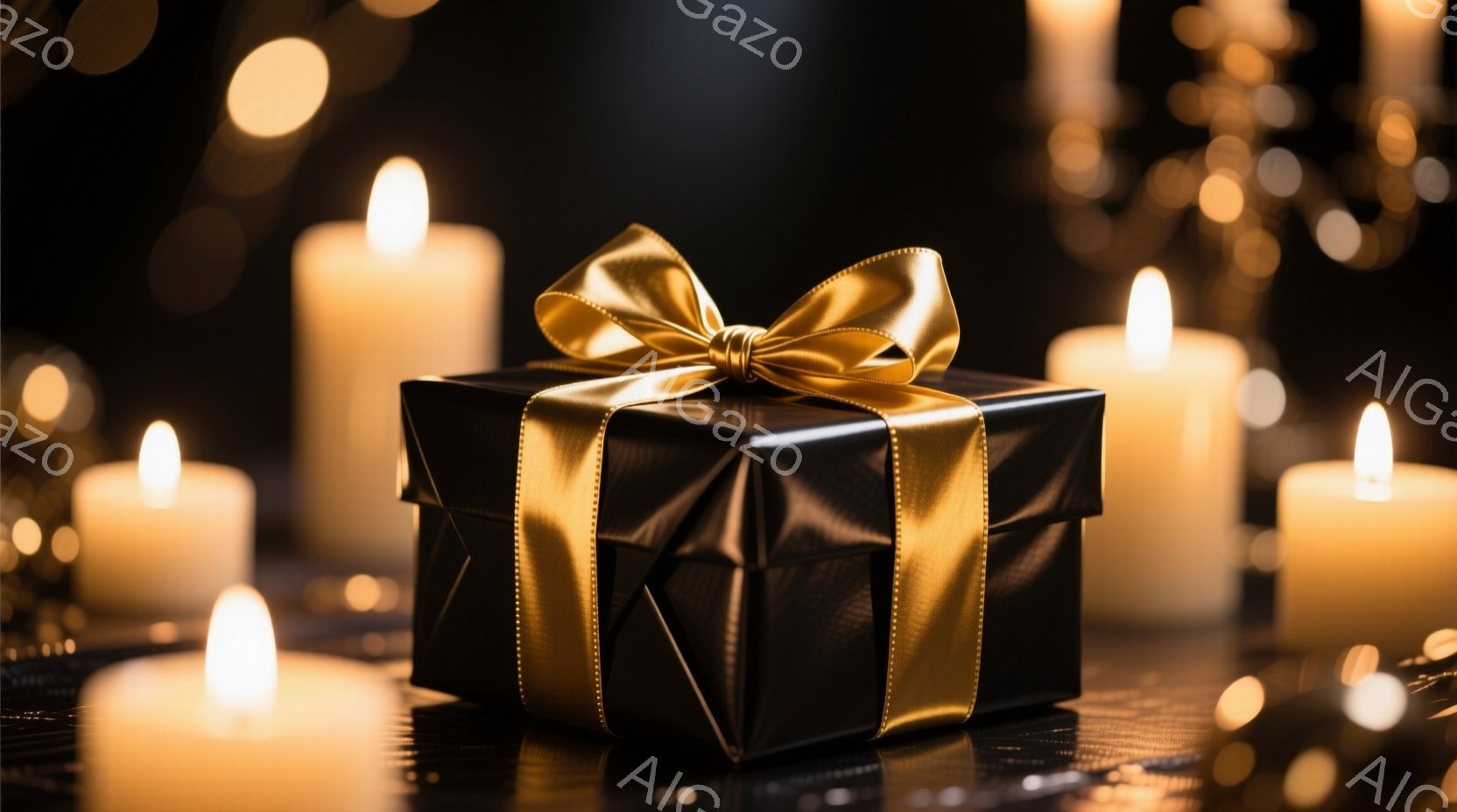 黒いギフトボックスが画面中央に配置されており、金色のリボンが美しく飾られています。背景にはぼんやりとした光のぼかしと、ちらちらと輝くキャンドルの炎が散りばめられ、豪華でロマンチックな雰囲気を醸し出して - AI生成フリー素材